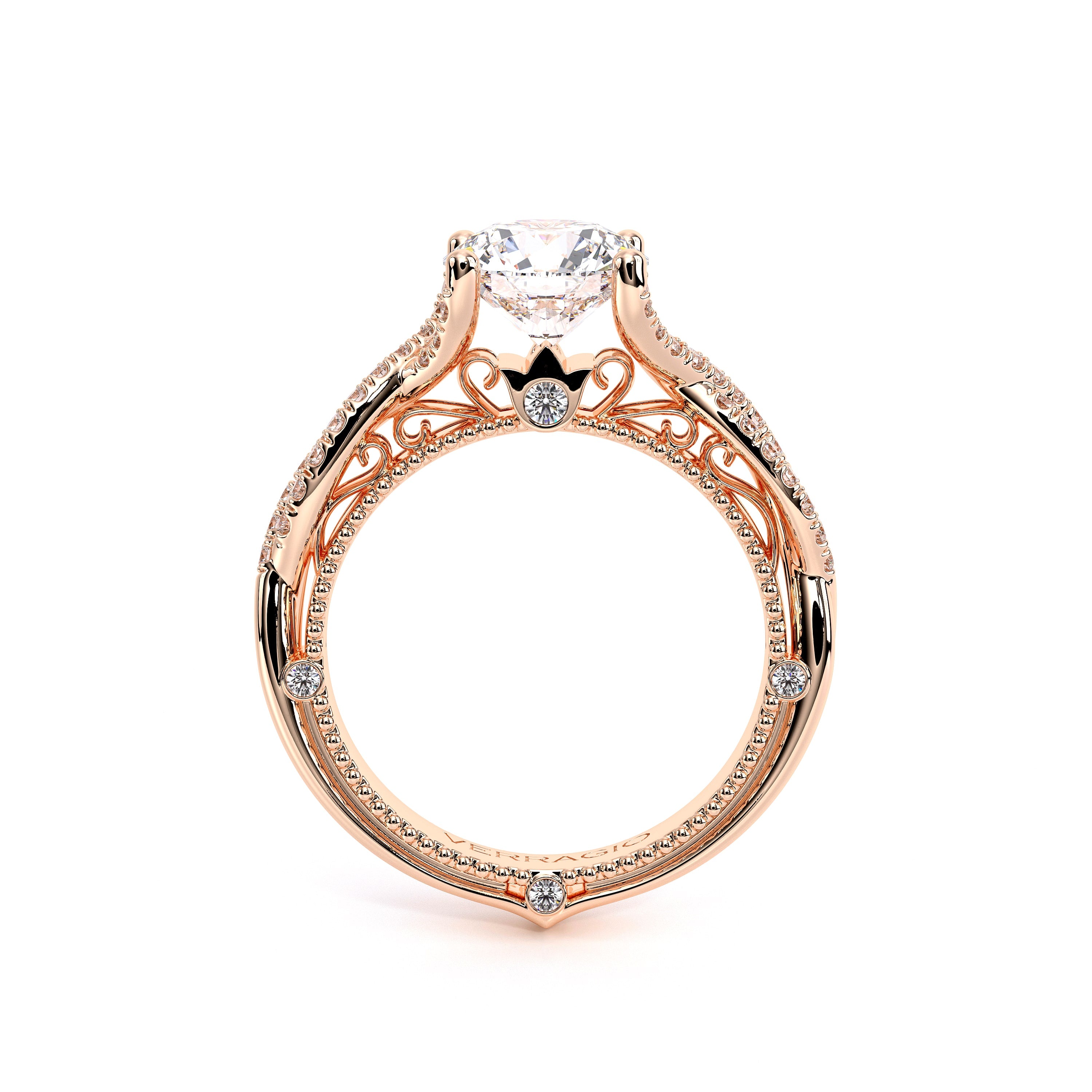 Round Pavé 18k Rose Gold Engagement Ring - VEN-5003
