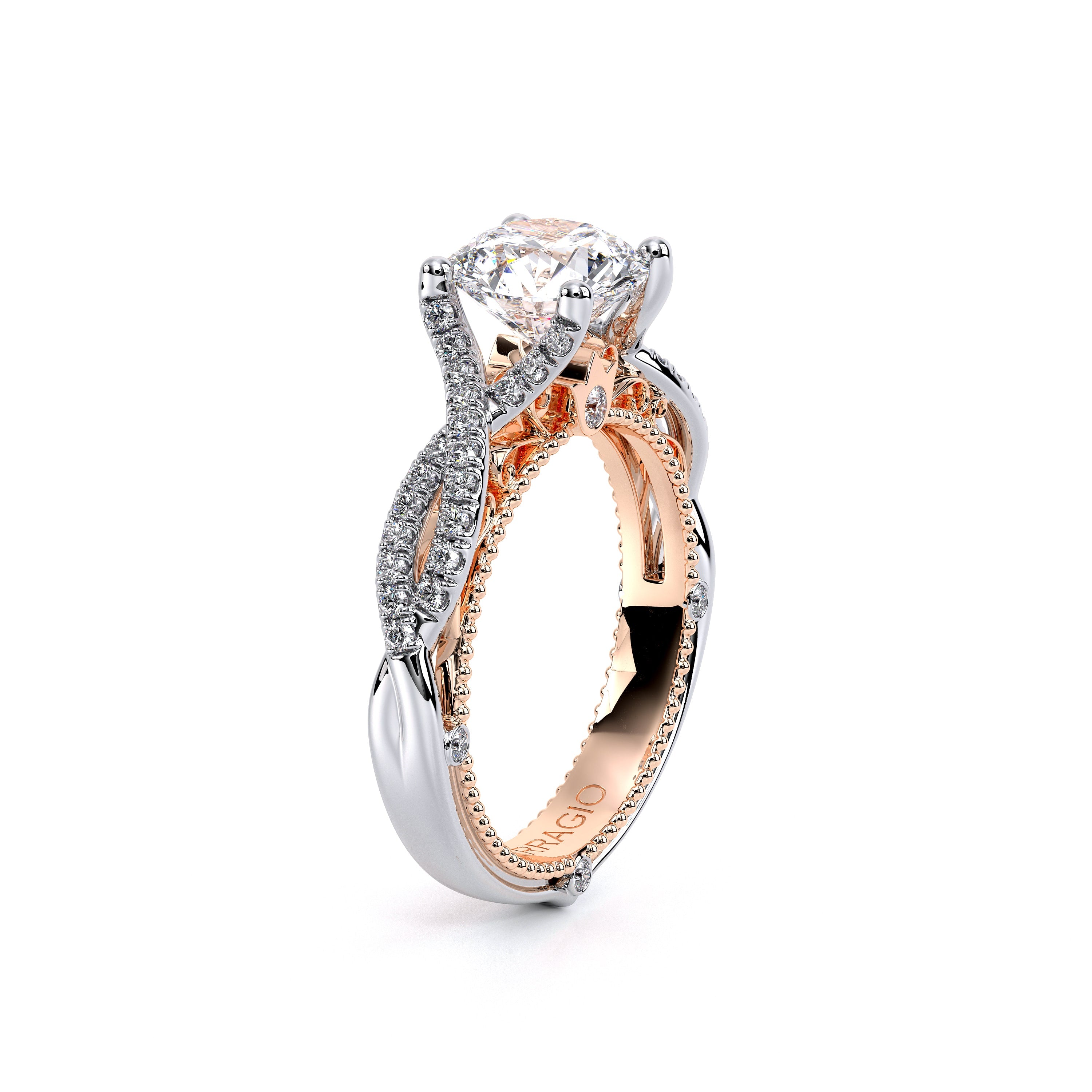 Round Pavé 18k Rose and White Gold Engagement Ring - VEN-5003