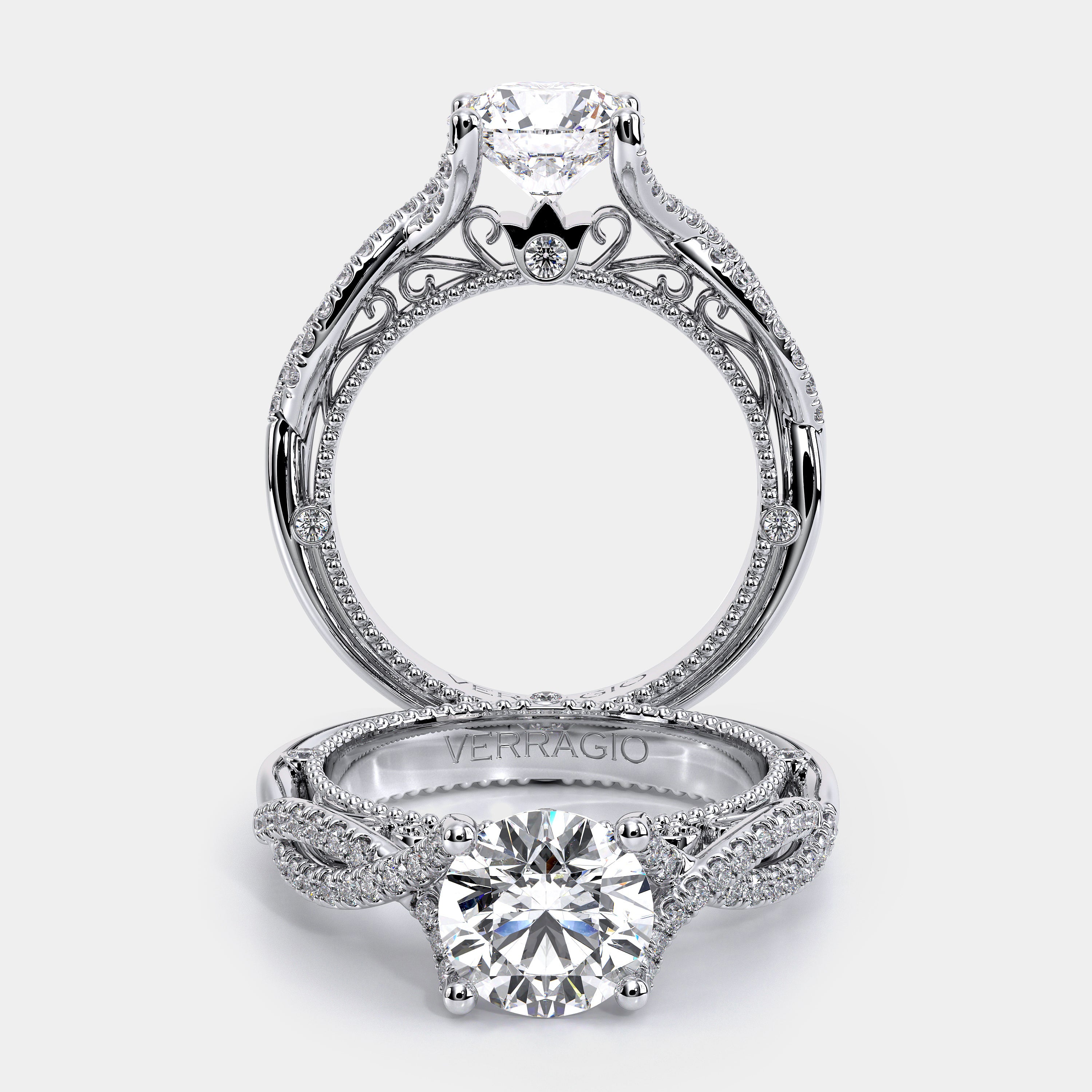 Round Pavé 14k White Gold Engagement Ring - VEN-5003
