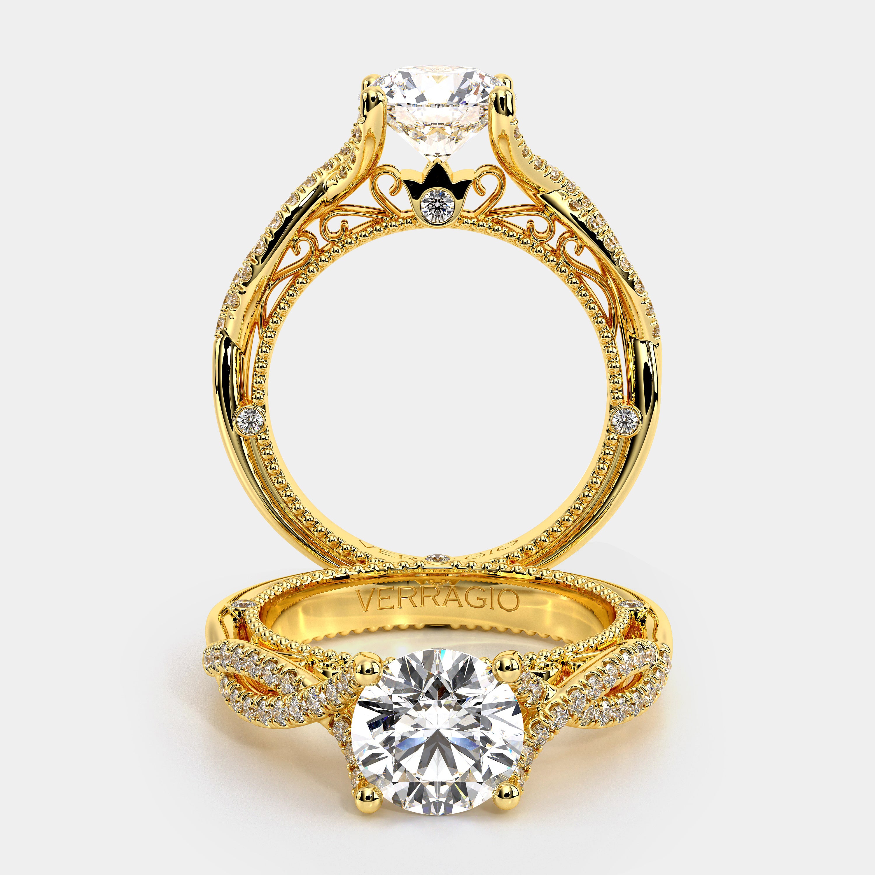 Round Pavé 18k Yellow Gold Engagement Ring - VEN-5003