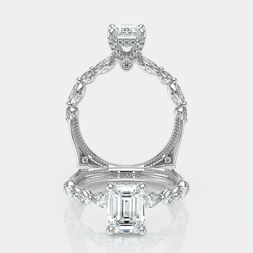 Emerald Side Stone 18k White Gold Engagement Ring - VNG-2202