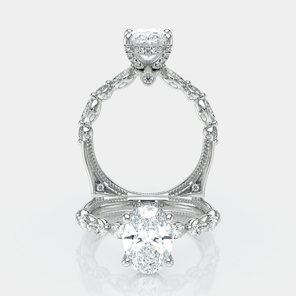 Oval Side Stone 14k White Gold Engagement Ring - VNG-2202