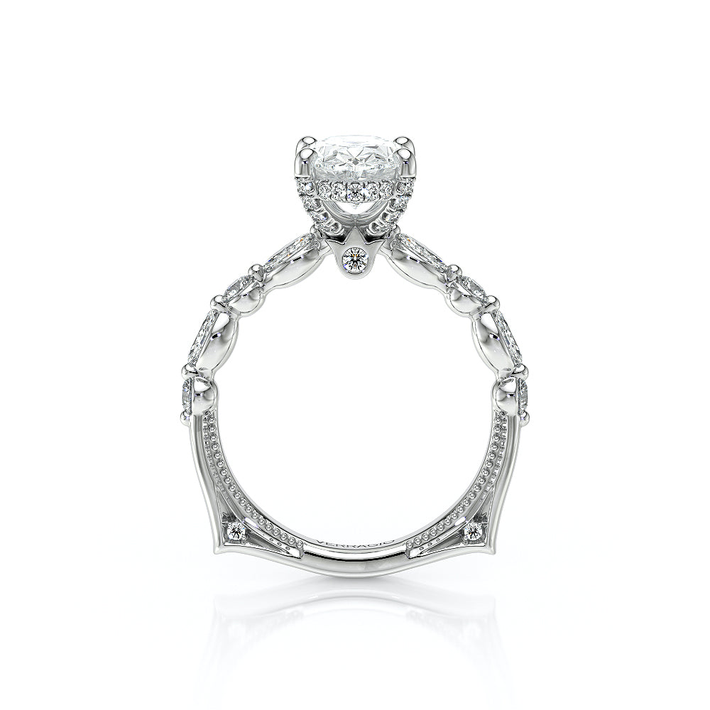 Oval Side Stone 18k White Gold Engagement Ring - VNG-2202