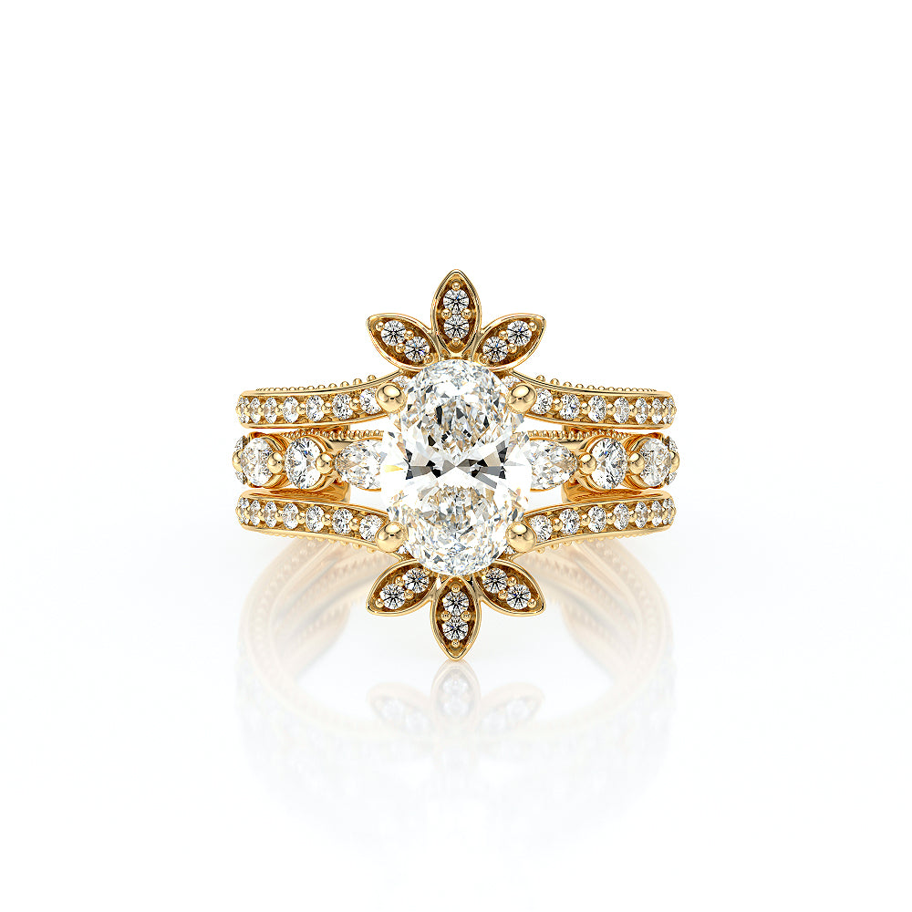 Oval Side Stone 14k Yellow Gold Engagement Ring - VNG-2202