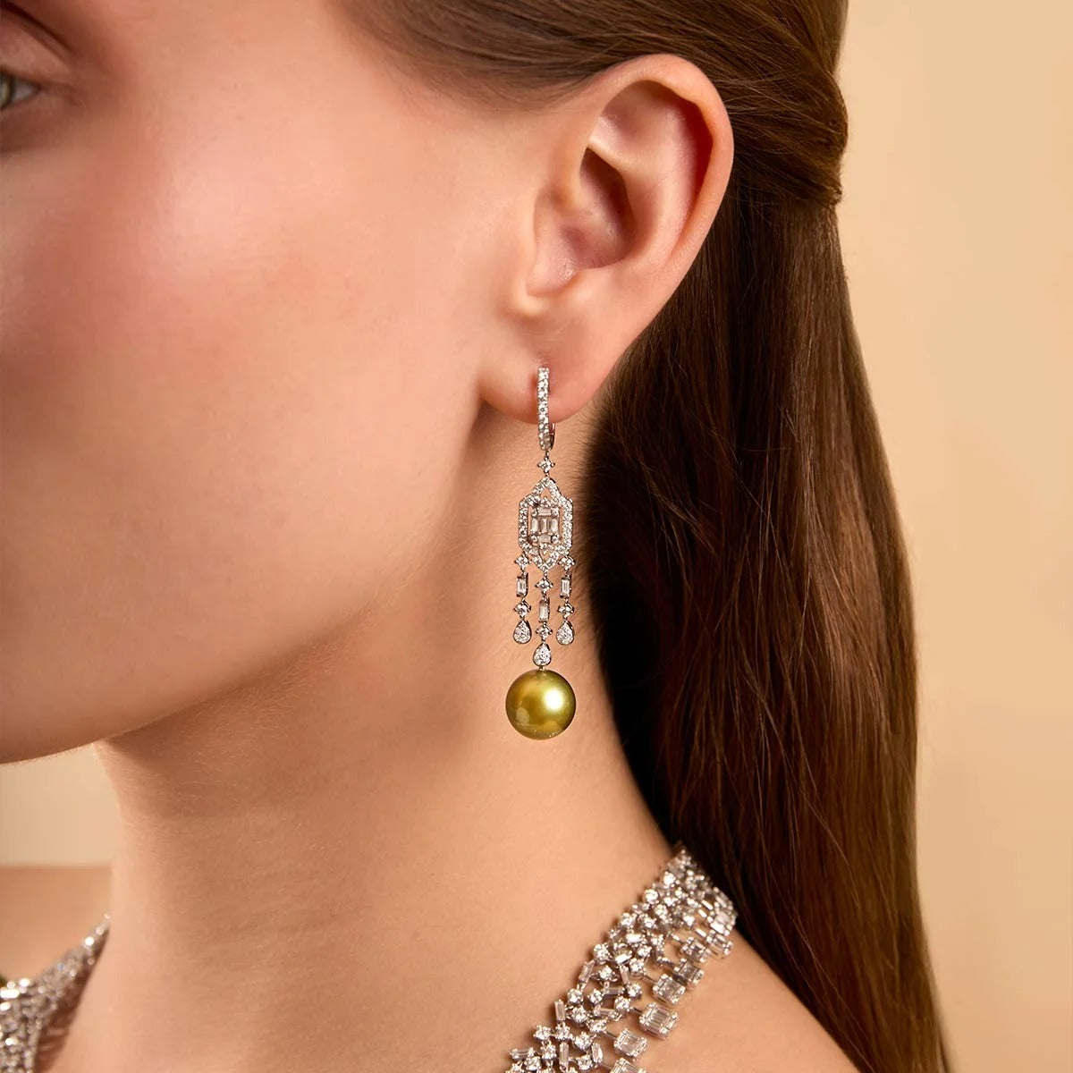 Contessa Pistachio Tahitian Pearl and Diamond Cascade Earrings