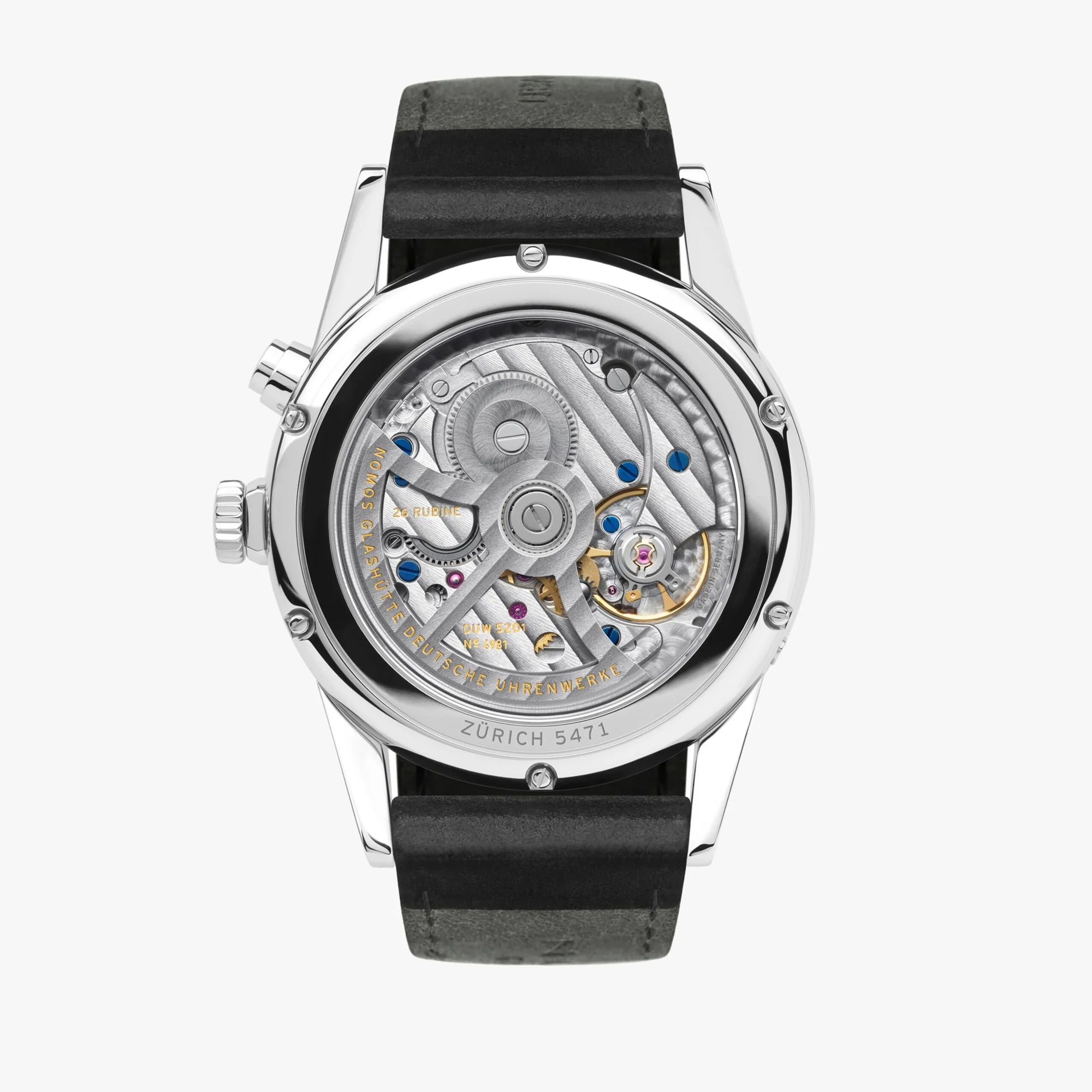 Watch with black strap and visible mechanical components on a white background