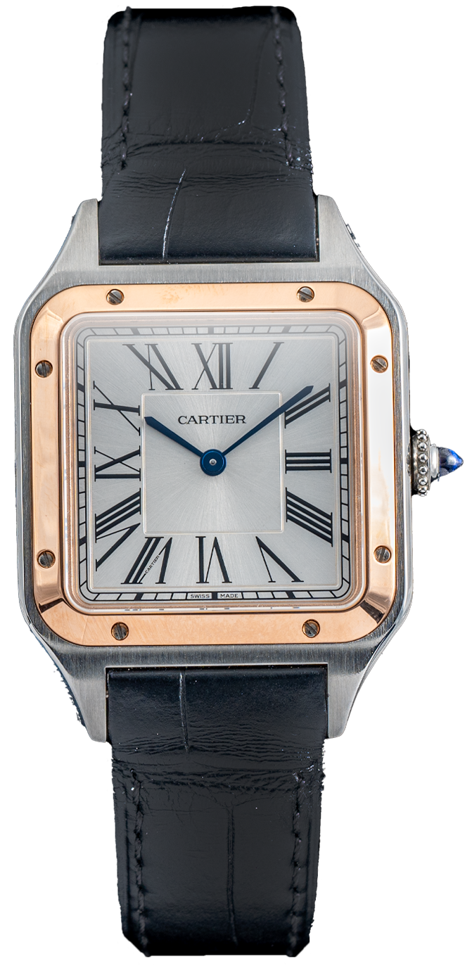 Cartier watch with black leather strap on a white background