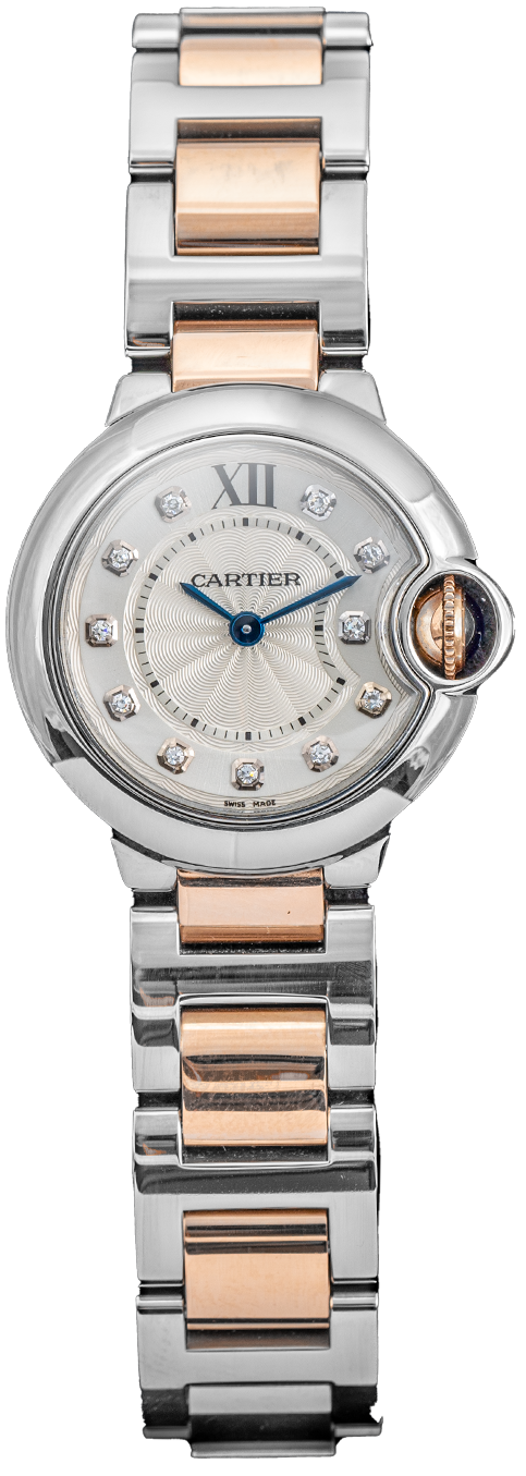 Cartier watch with two-tone rose gold and silver bracelet on a white background