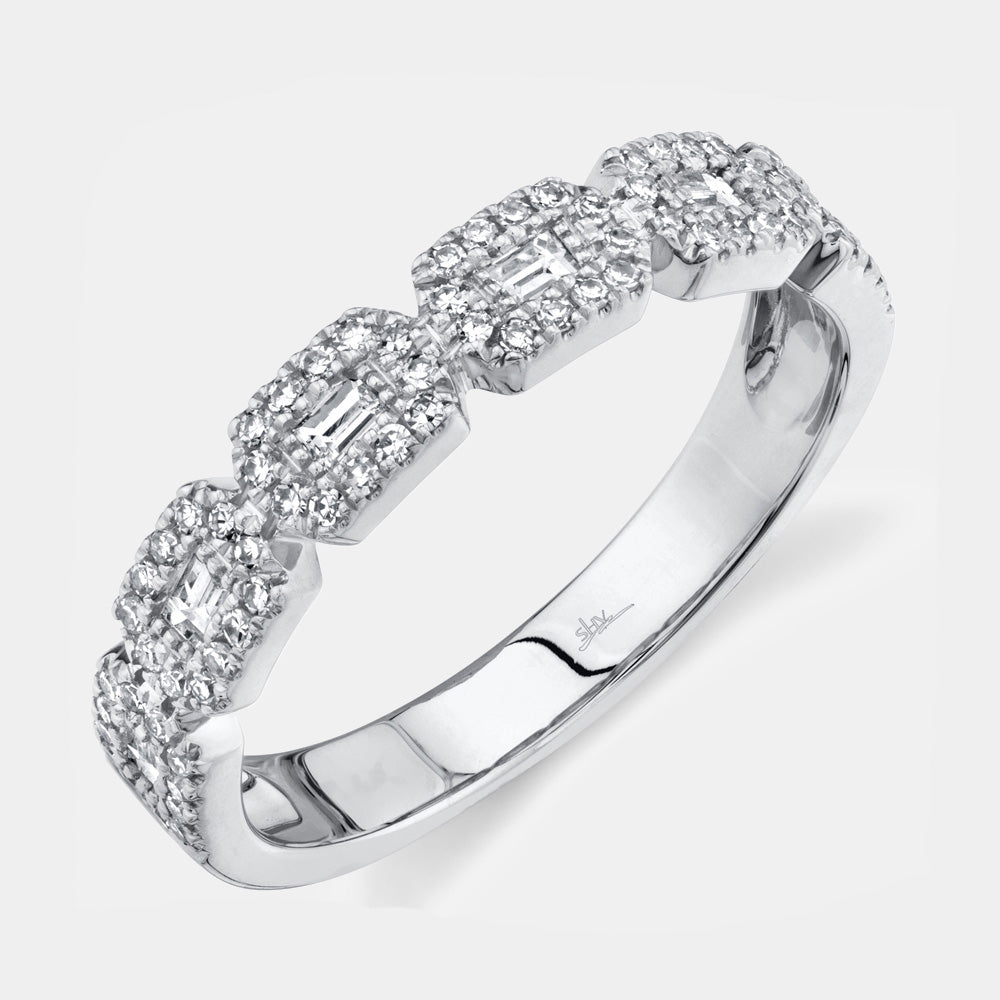 White gold baguette diamond stacker ring, top angle view