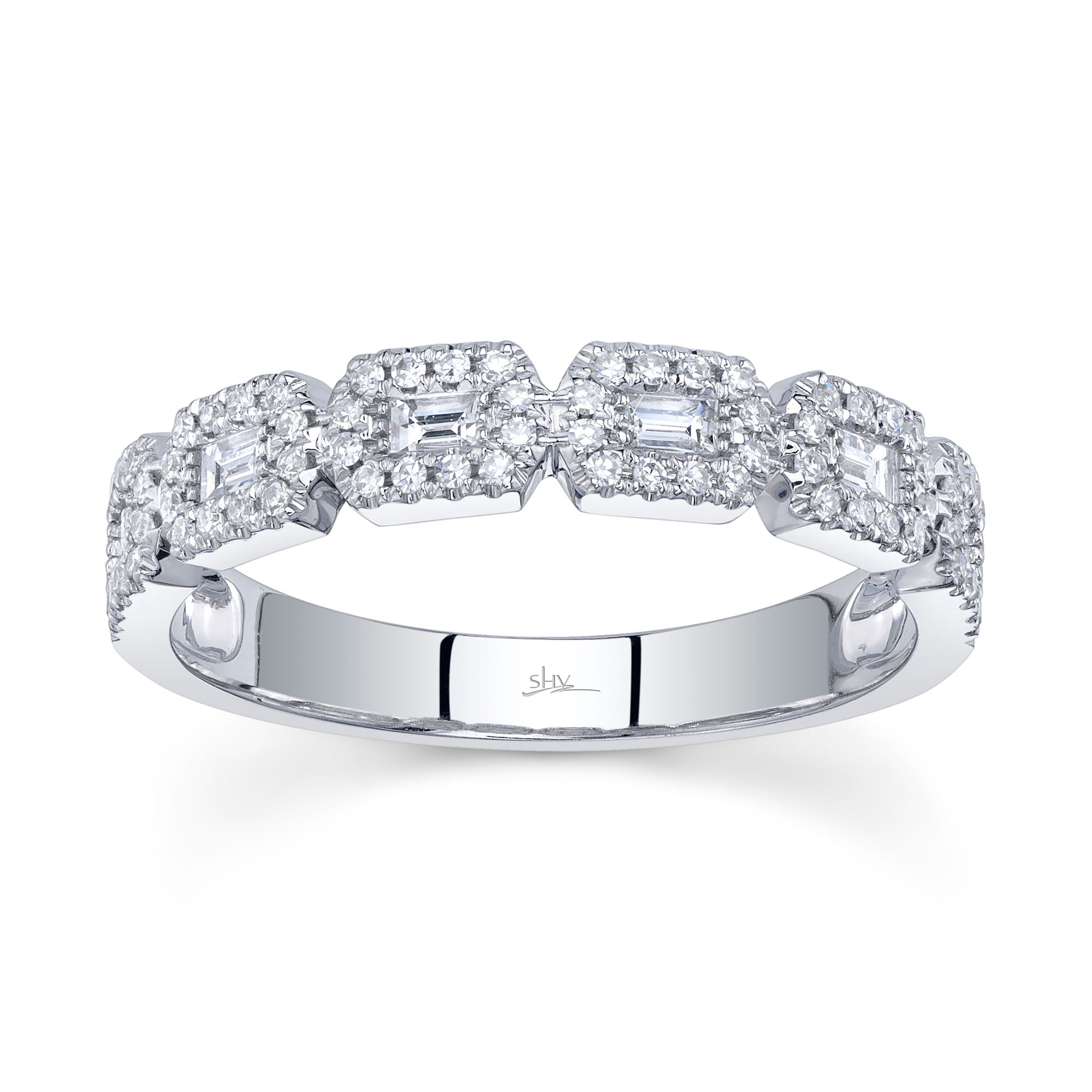 White gold baguette diamond stacker ring, front view