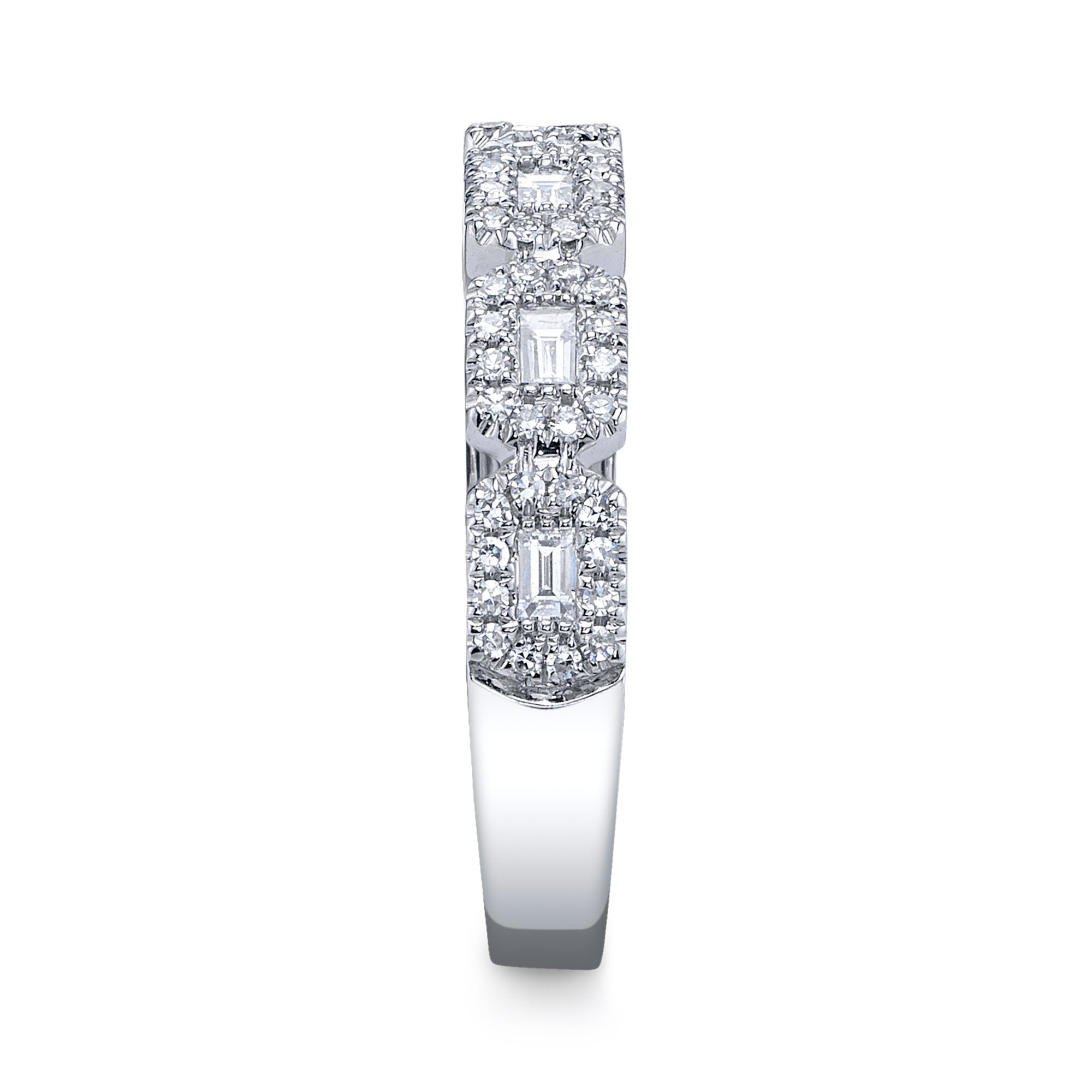 White gold baguette diamond stacker ring, side angle view