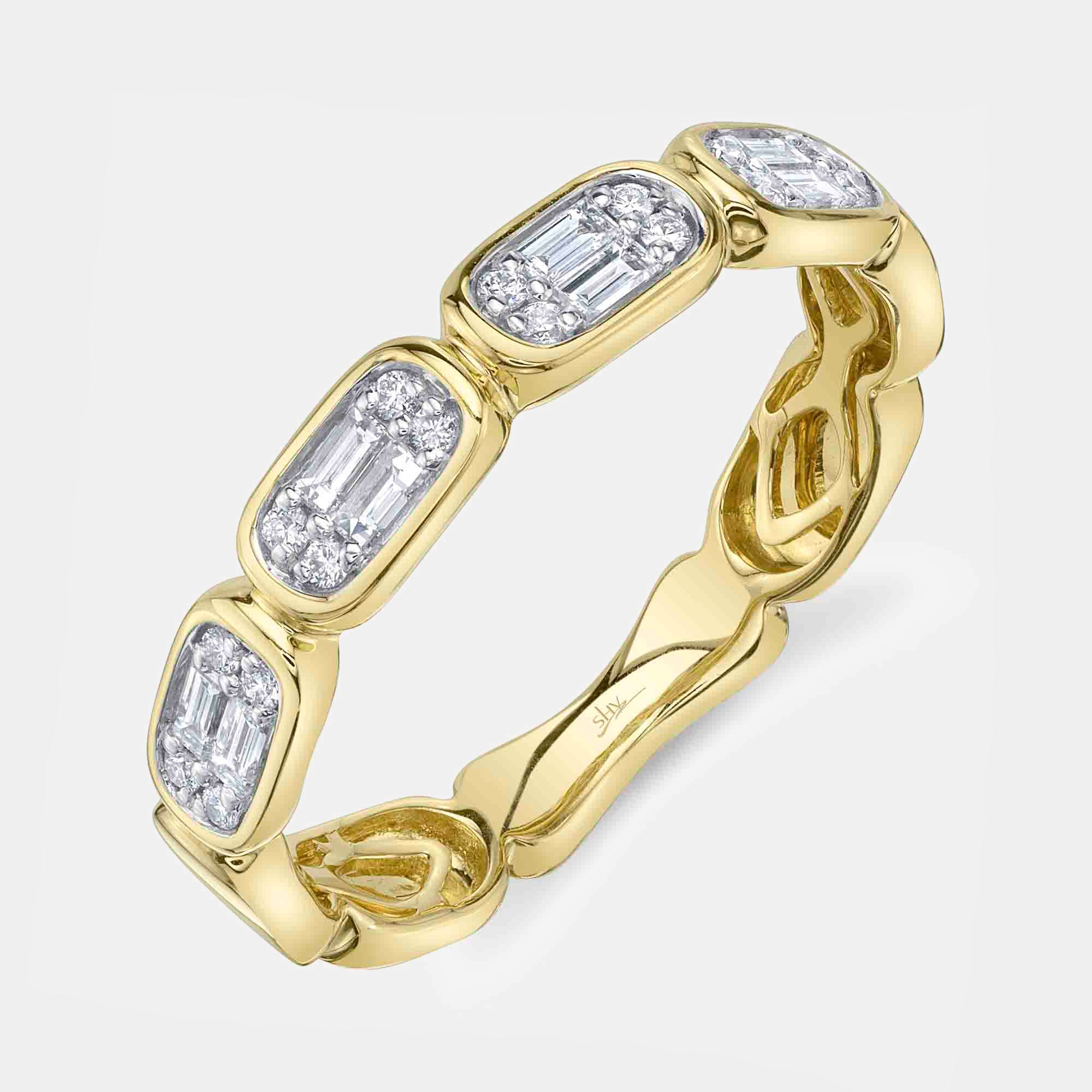 Yellow gold baguette diamond fashion ring, top angle view