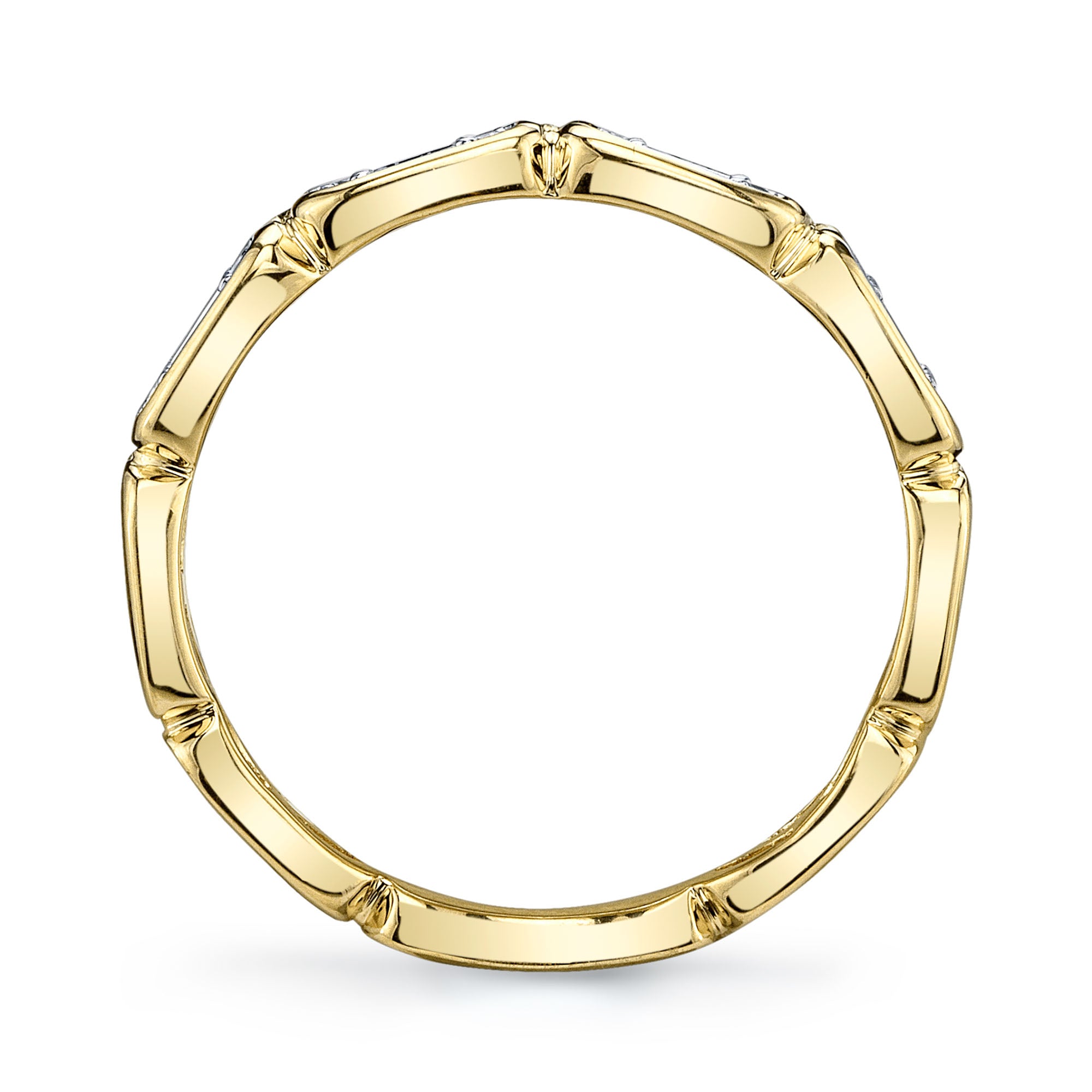 Yellow gold baguette diamond fashion ring, side angle view