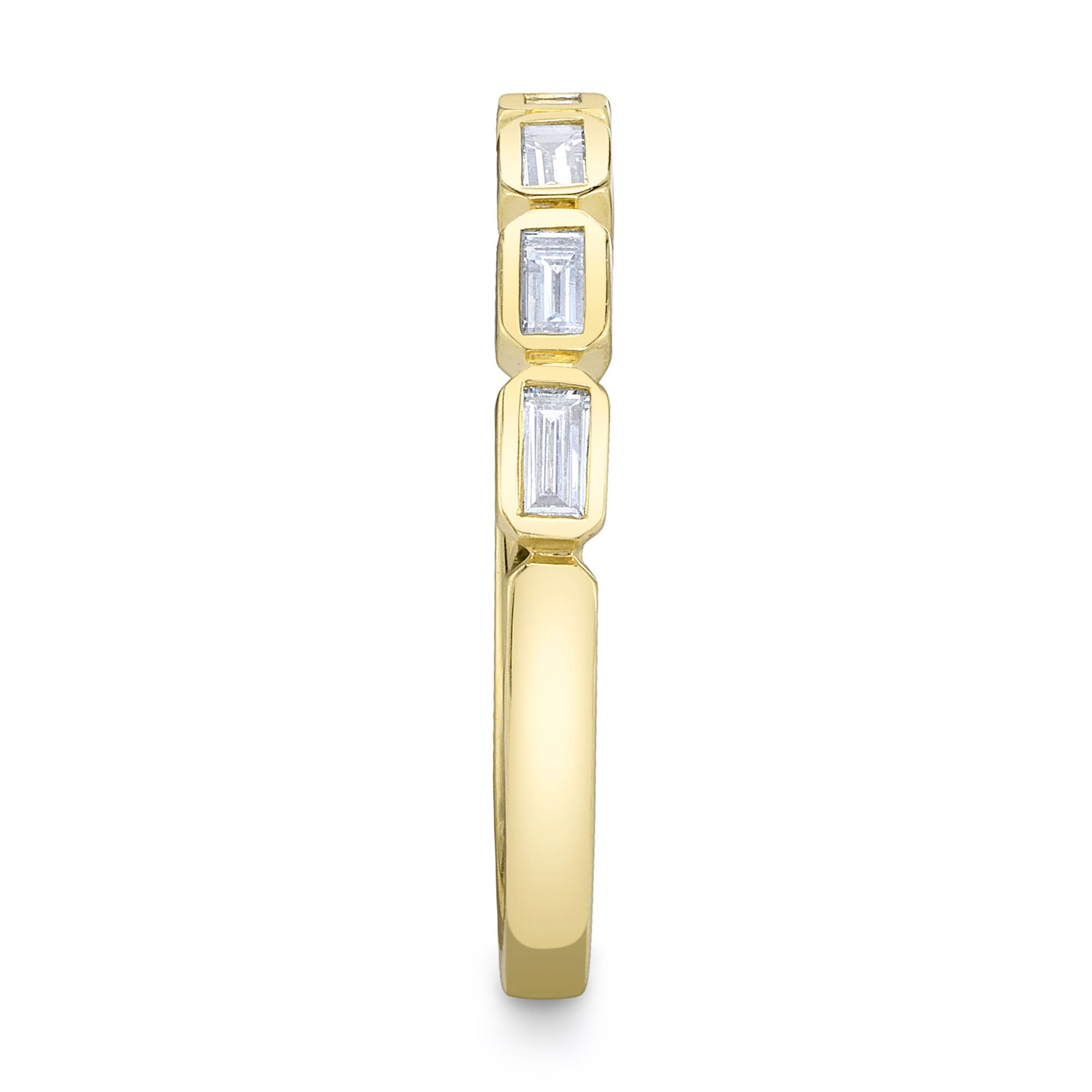 Yellow gold bezel set baguette diamond fashion ring, side view