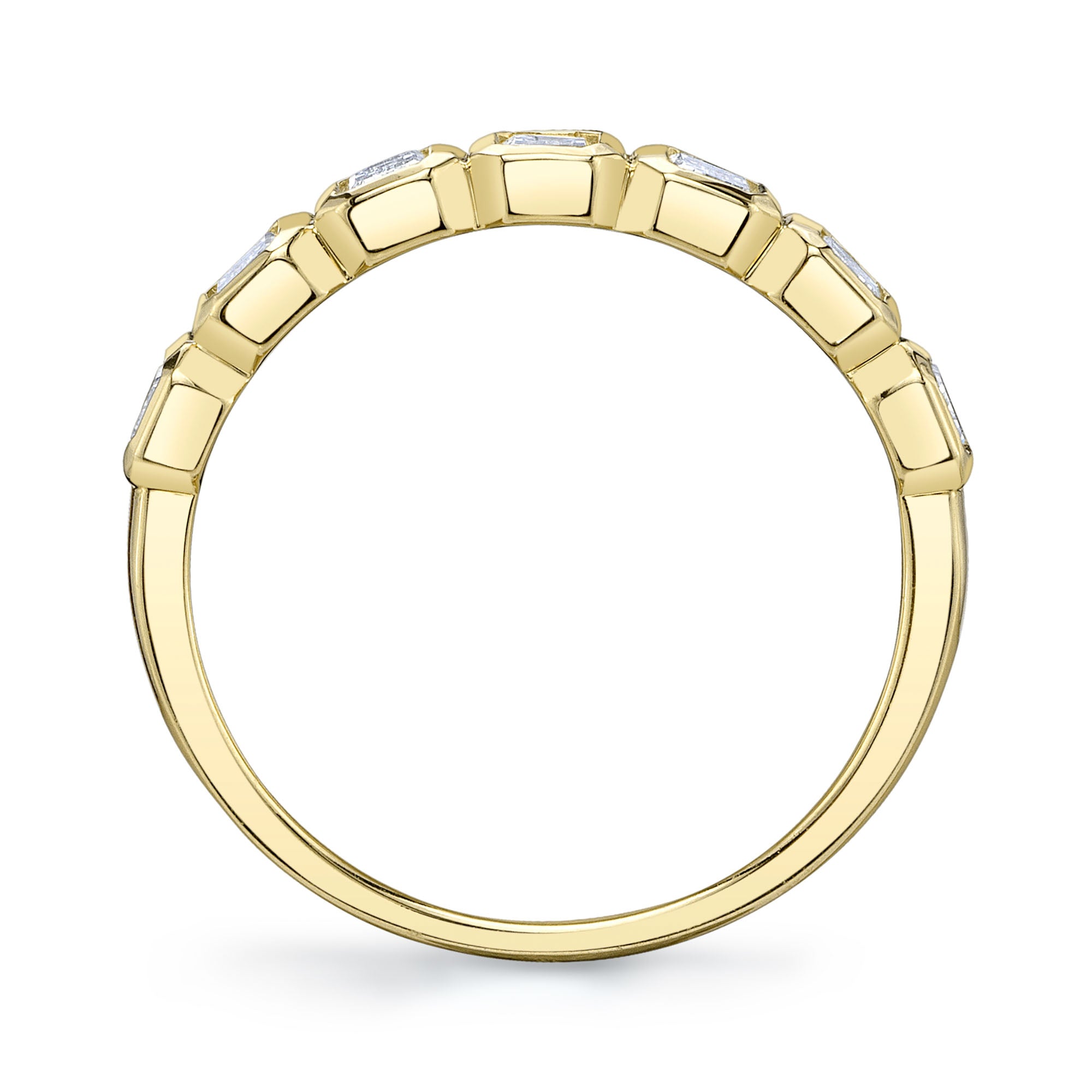 Yellow gold emerald cut diamond fashion ring, front angle upright view