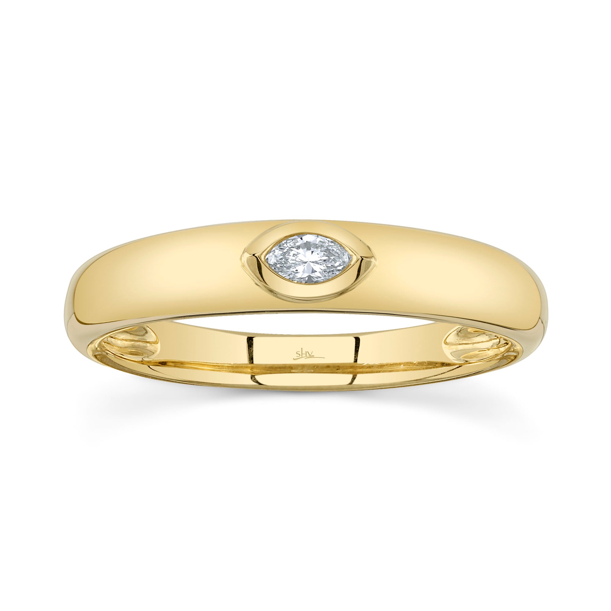 Yellow gold bezel set marquise diamond fashion ring, front view