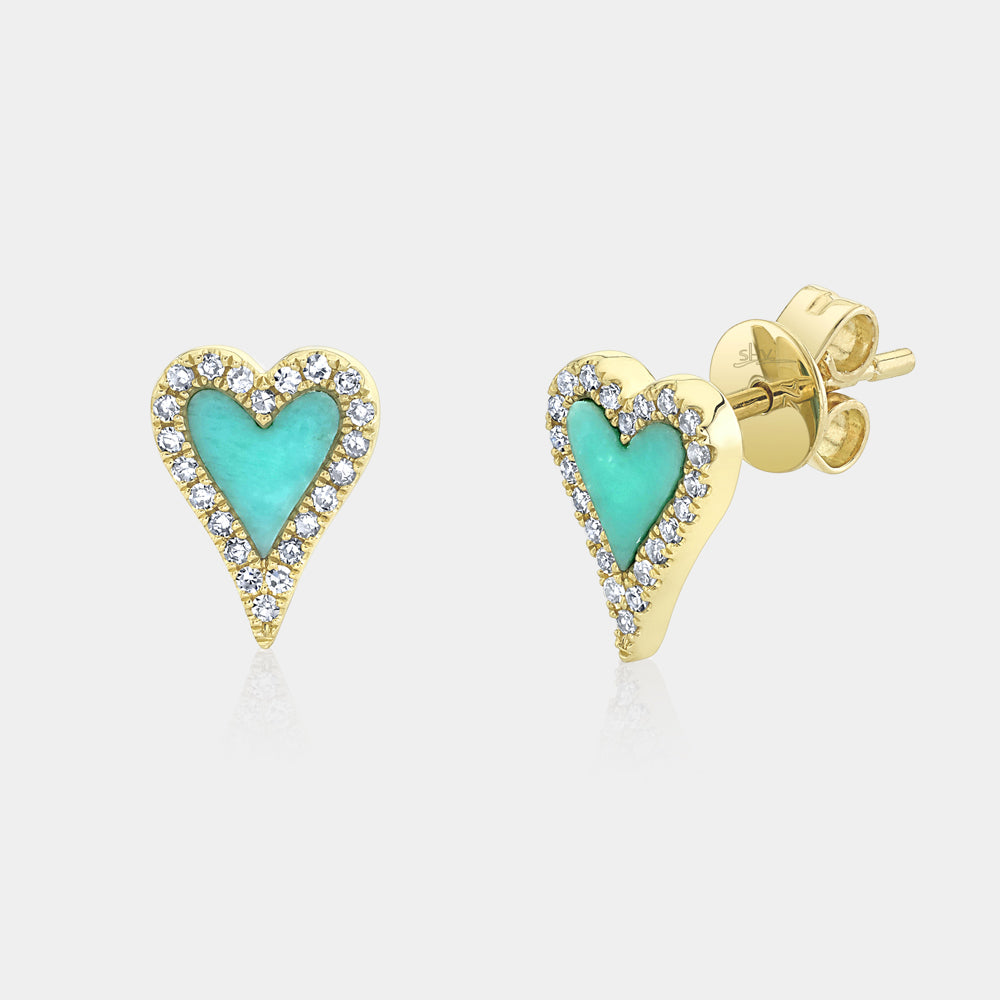 Yellow gold and turquoise heart shaped diamond stud earrings, front angle view