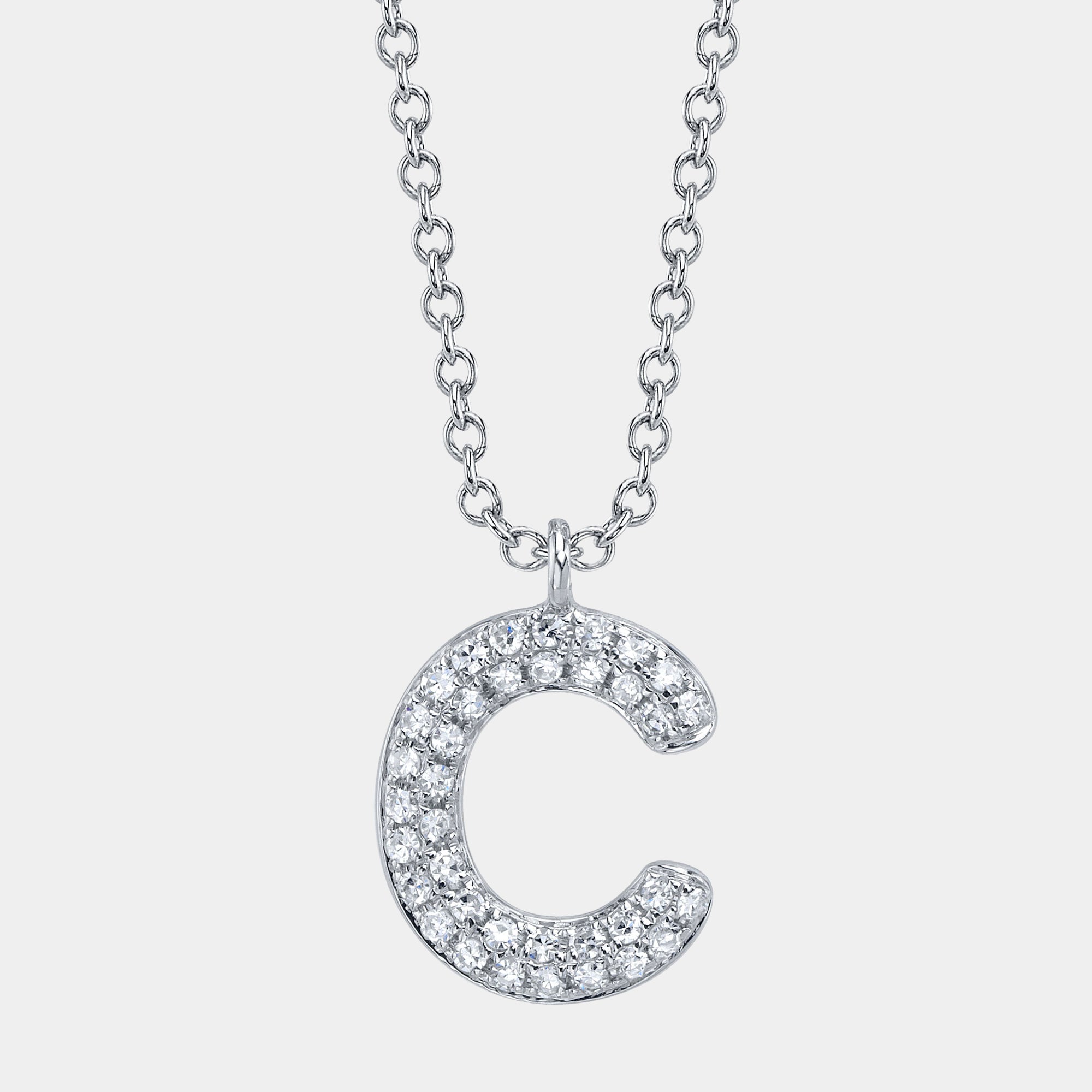 White gold letter C diamond initial pendant necklace, front view