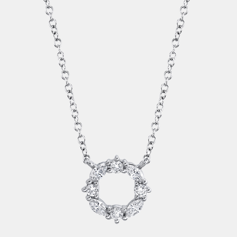 White gold marquise diamond circular pendant necklace, front view