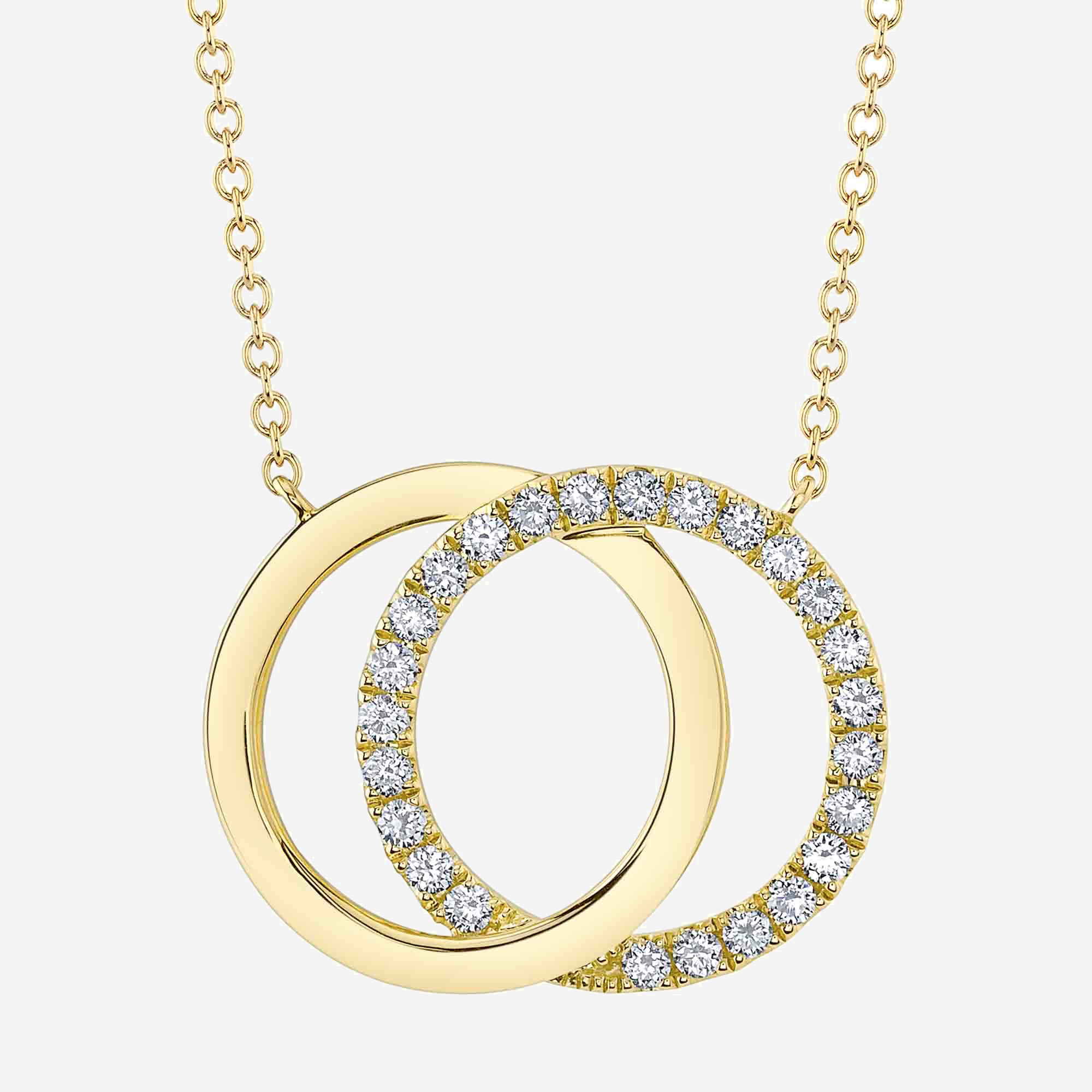 Yellow gold and diamond interlocking circle pendant necklace, front view