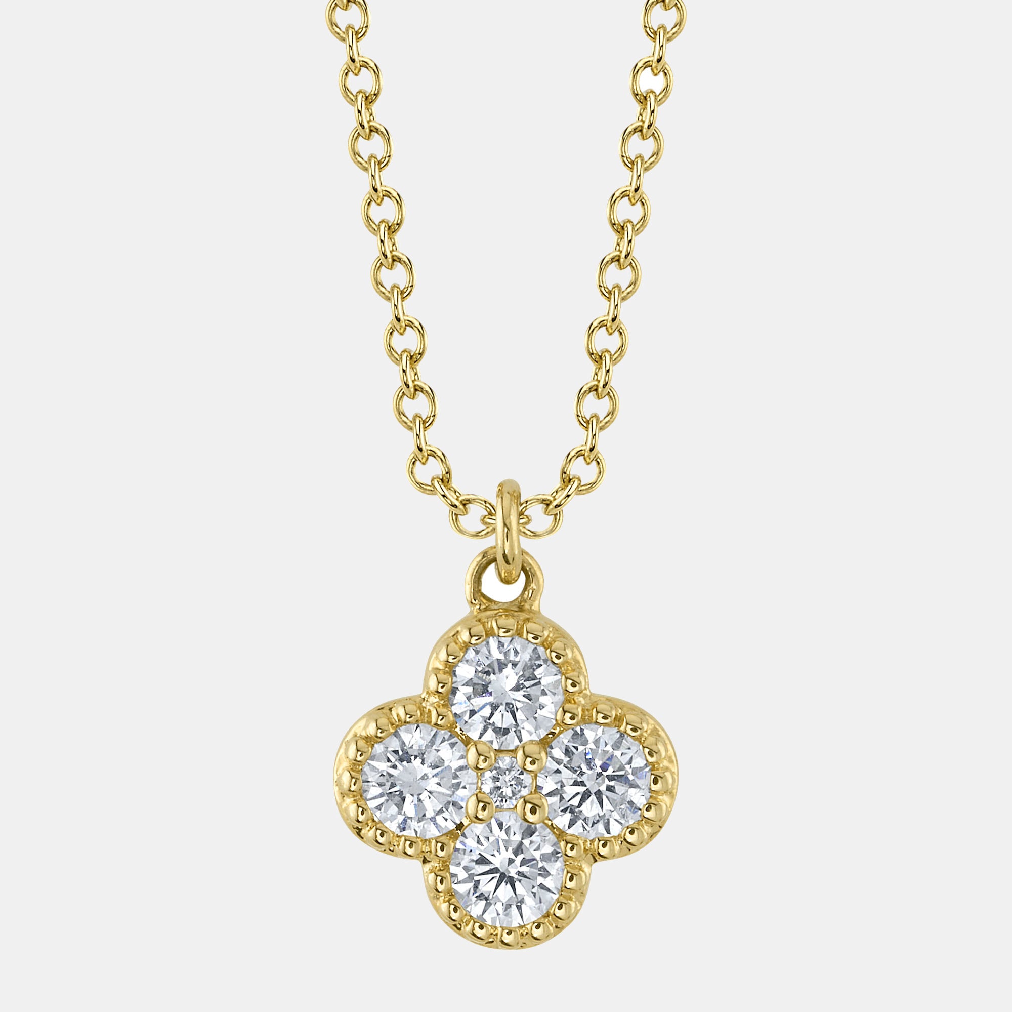 Yellow gold diamond clover pendant necklace, front view