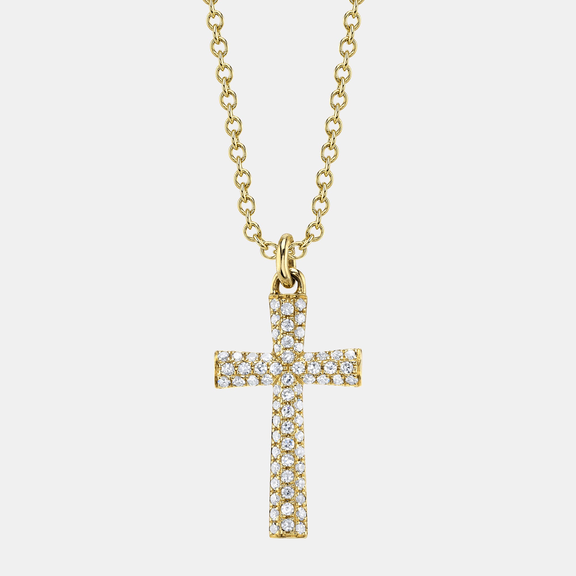 Yellow old diamond cross necklace, front view