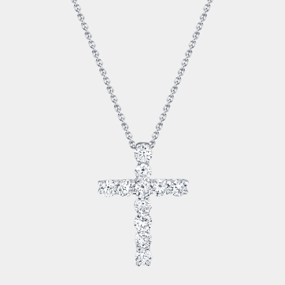 White gold diamond cross pendant necklace, front view