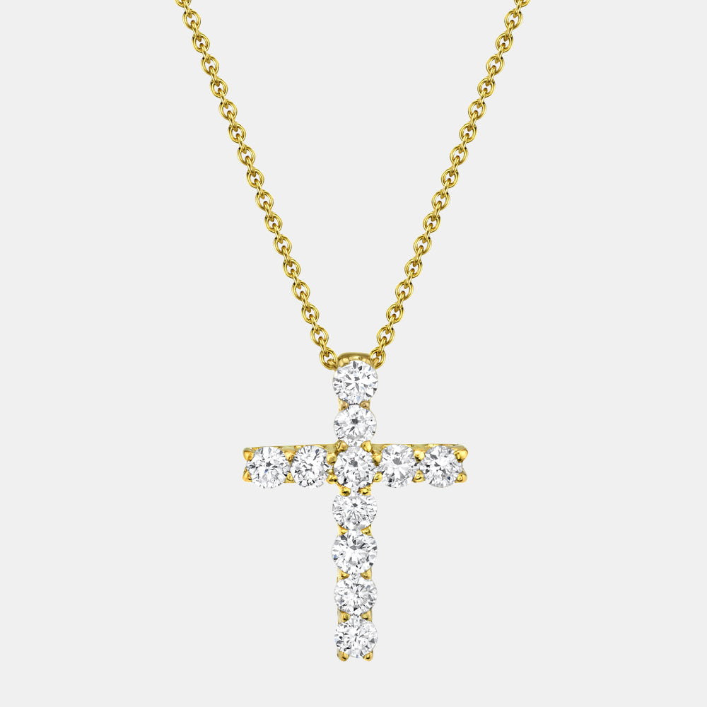 Yellow gold diamond cross pendant necklace, front view