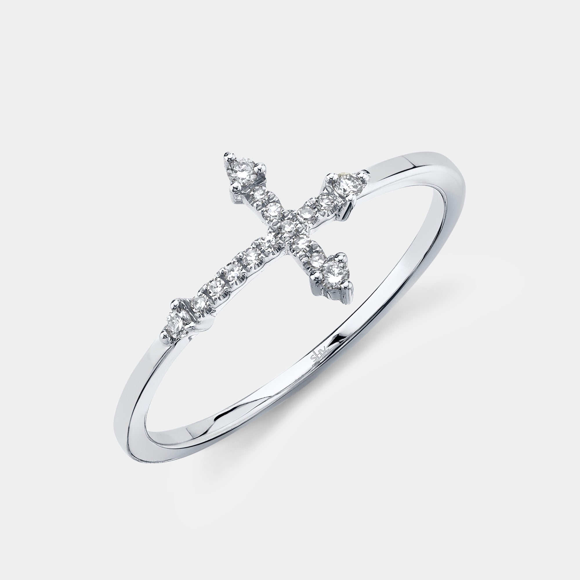White gold east west diamond cross fashion ring, top view