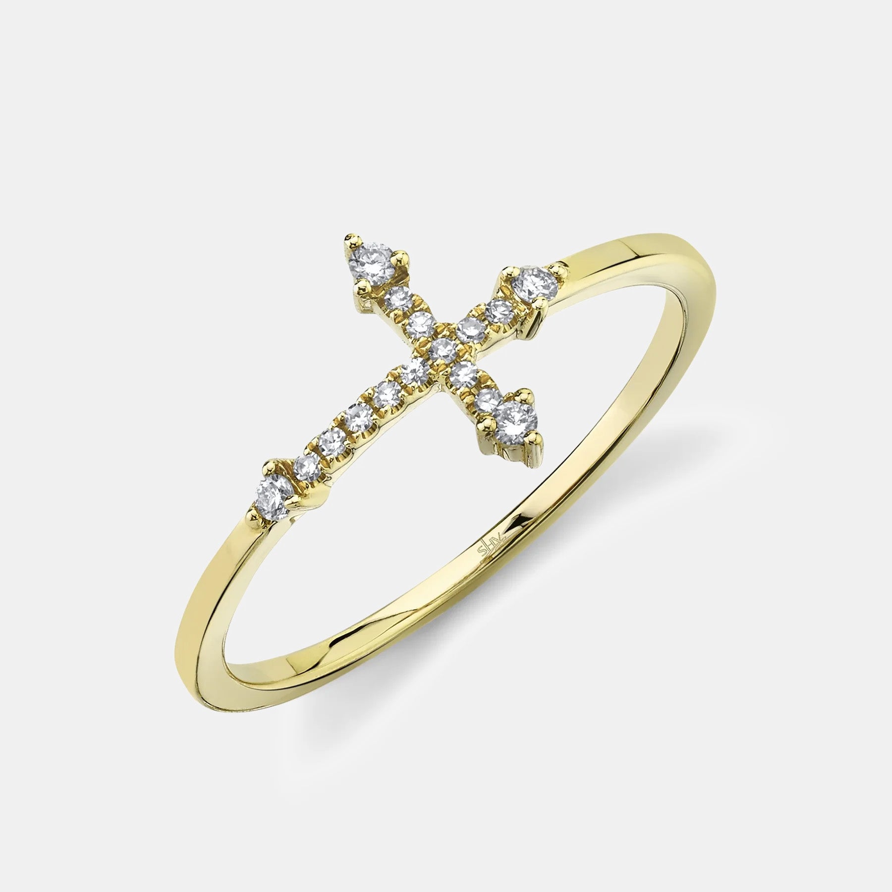 Yellow gold east-west diamond cross ring, top view