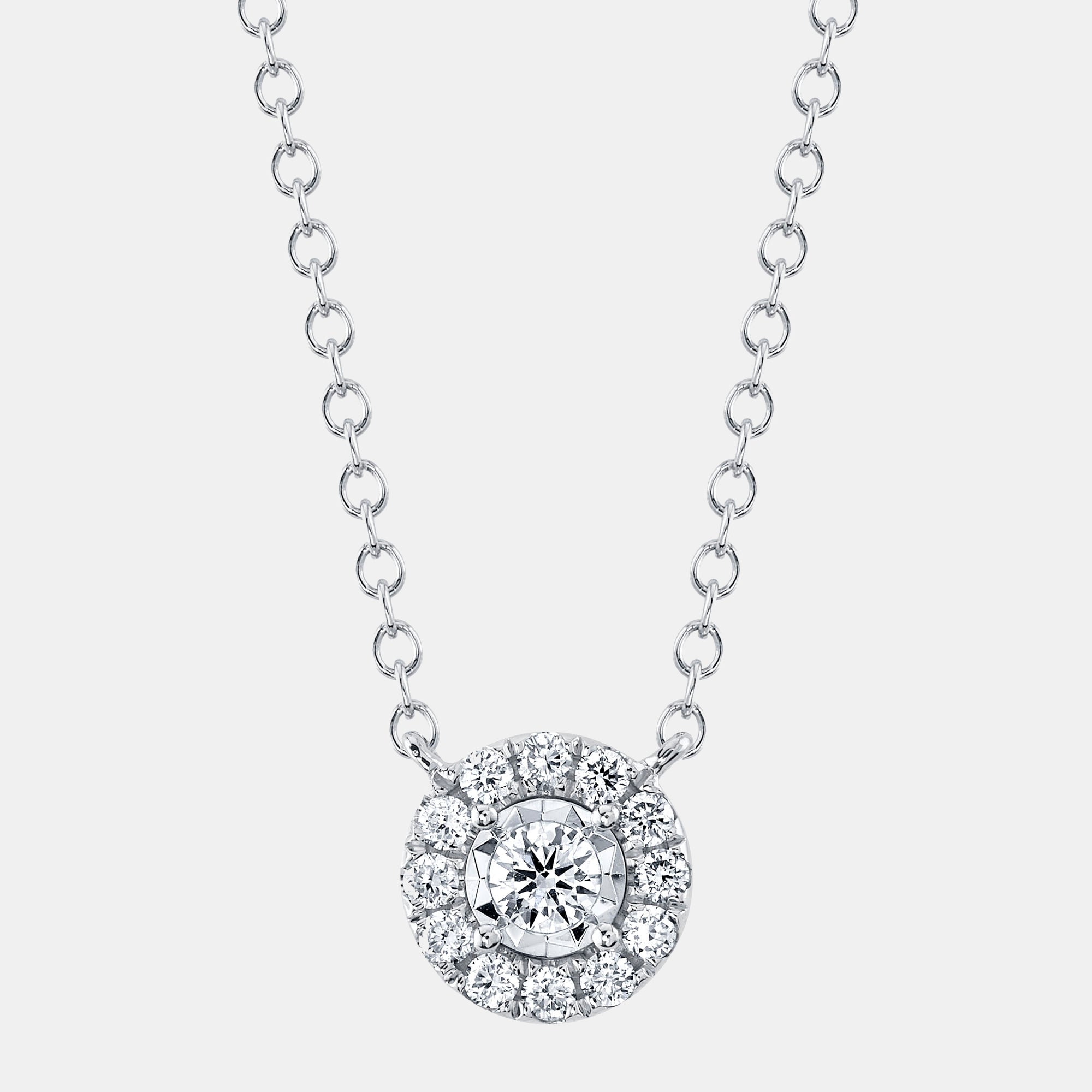 White gold diamond halo pendant necklace, front view
