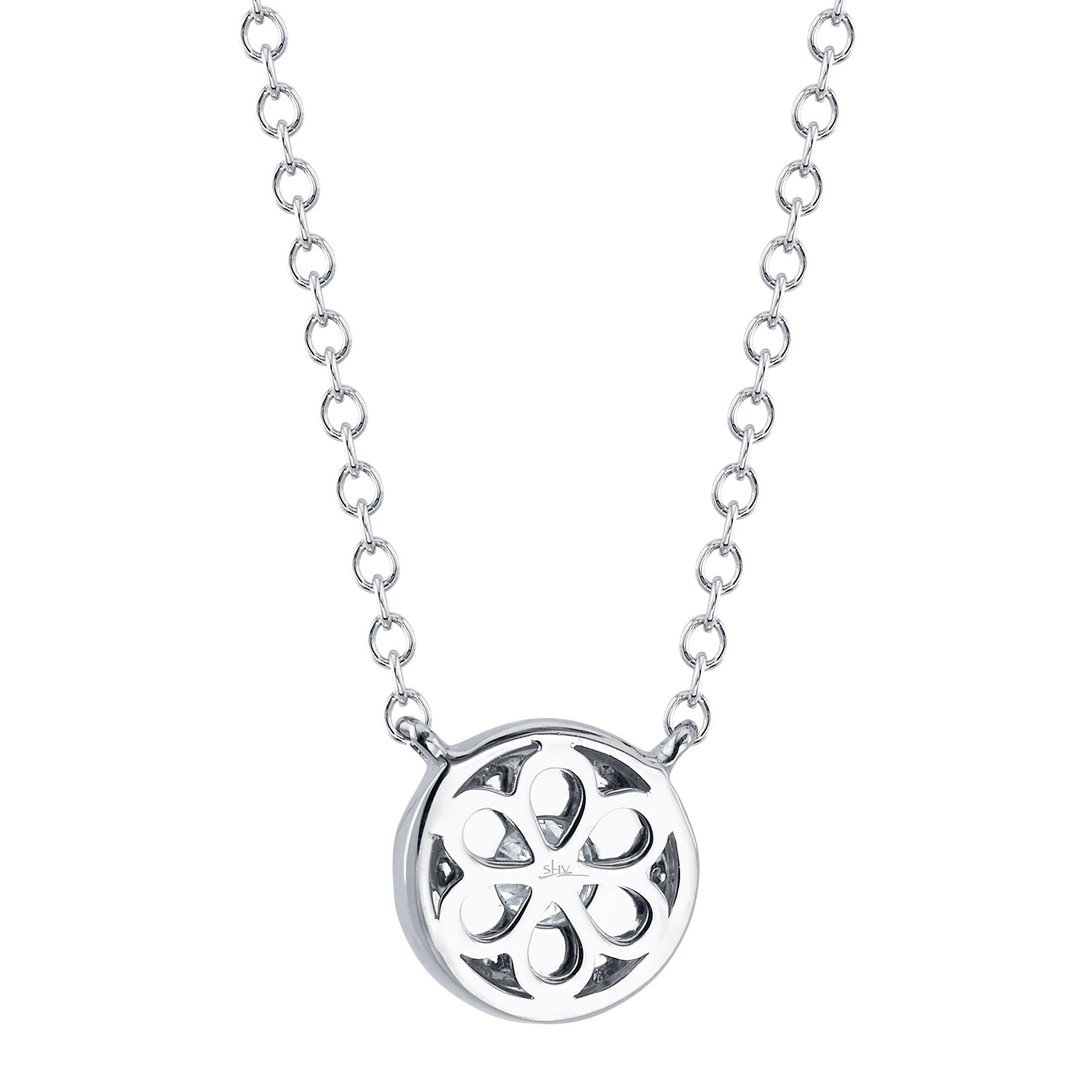 White gold diamond halo pendant necklace, back view