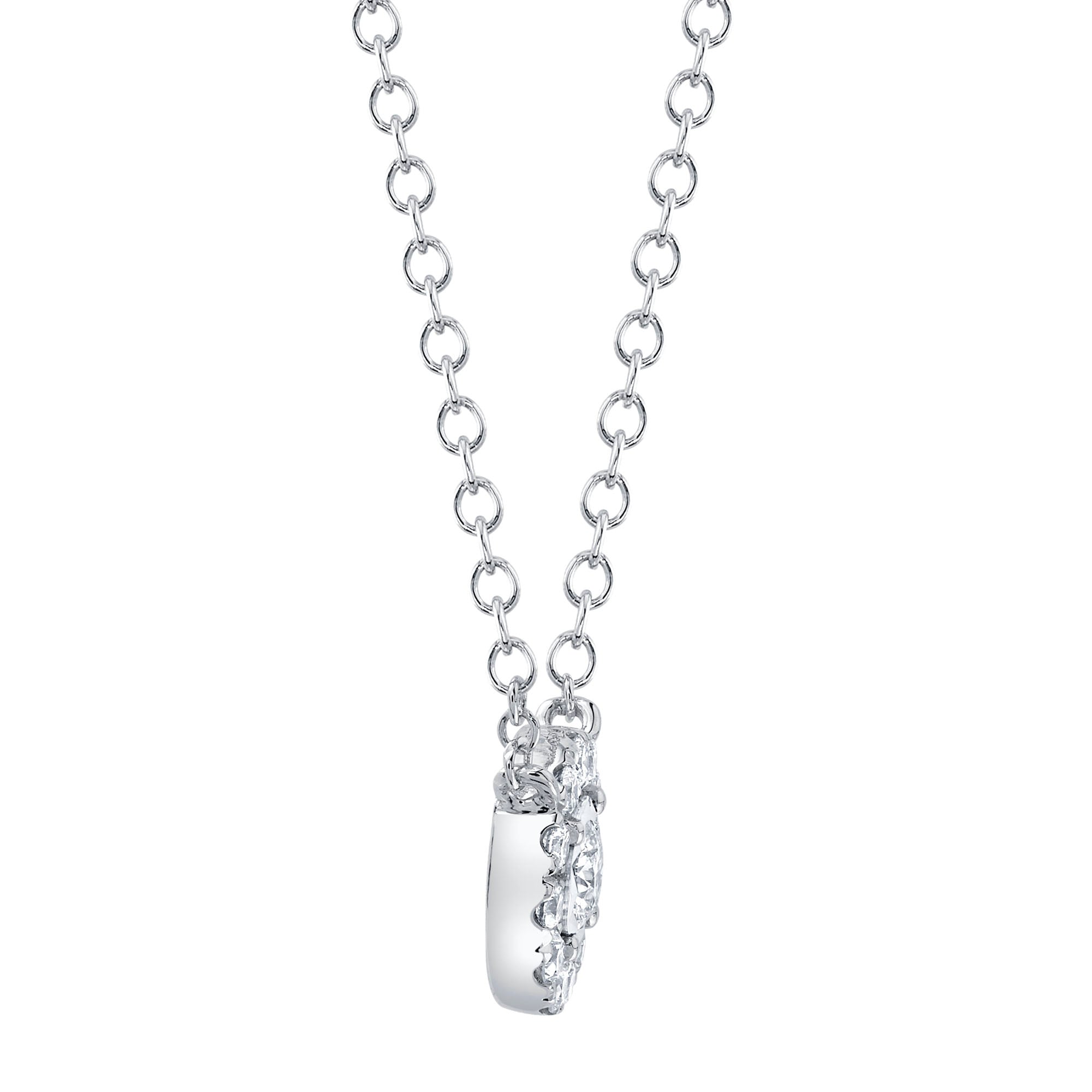 White gold diamond halo pendant necklace, side view