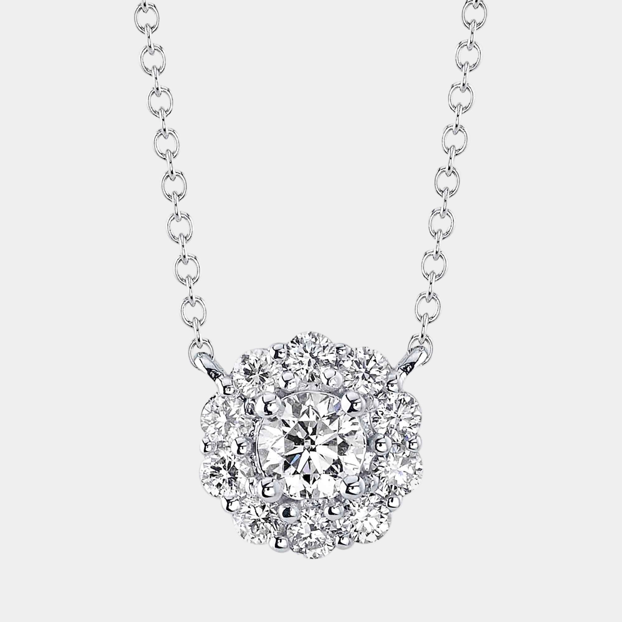 White gold diamond halo pendant necklace, front view