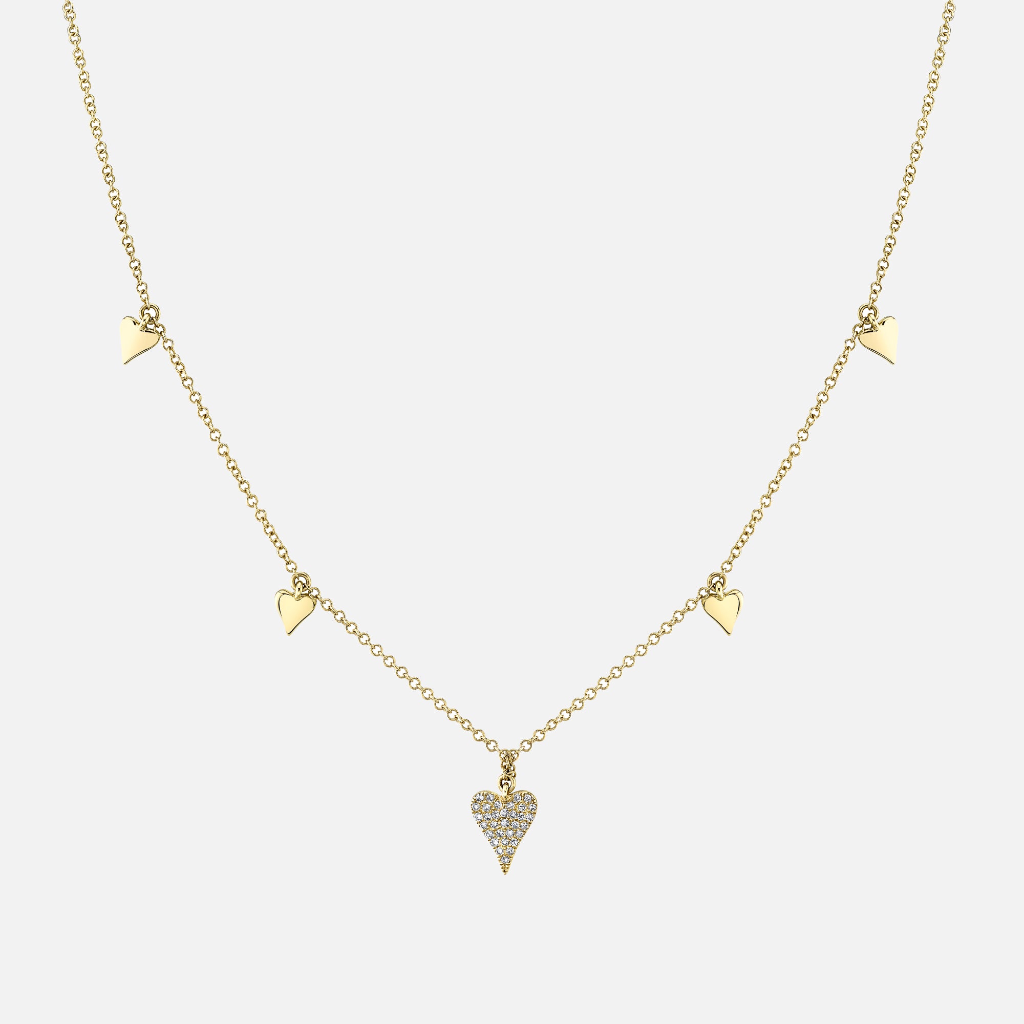 Yellow gold necklace with heart-shaped pendants, front view