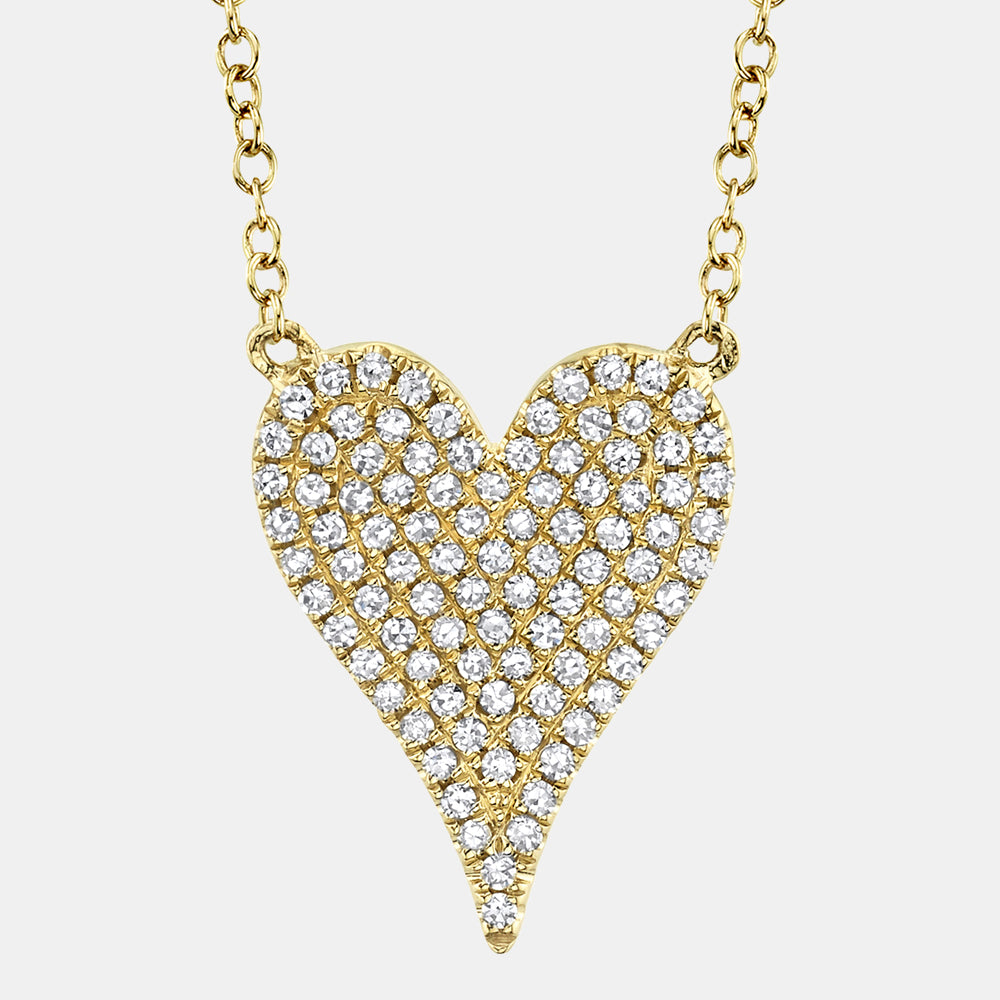 Yellow gold necklace with a heart-shaped pendant featuring diamonds, front view
