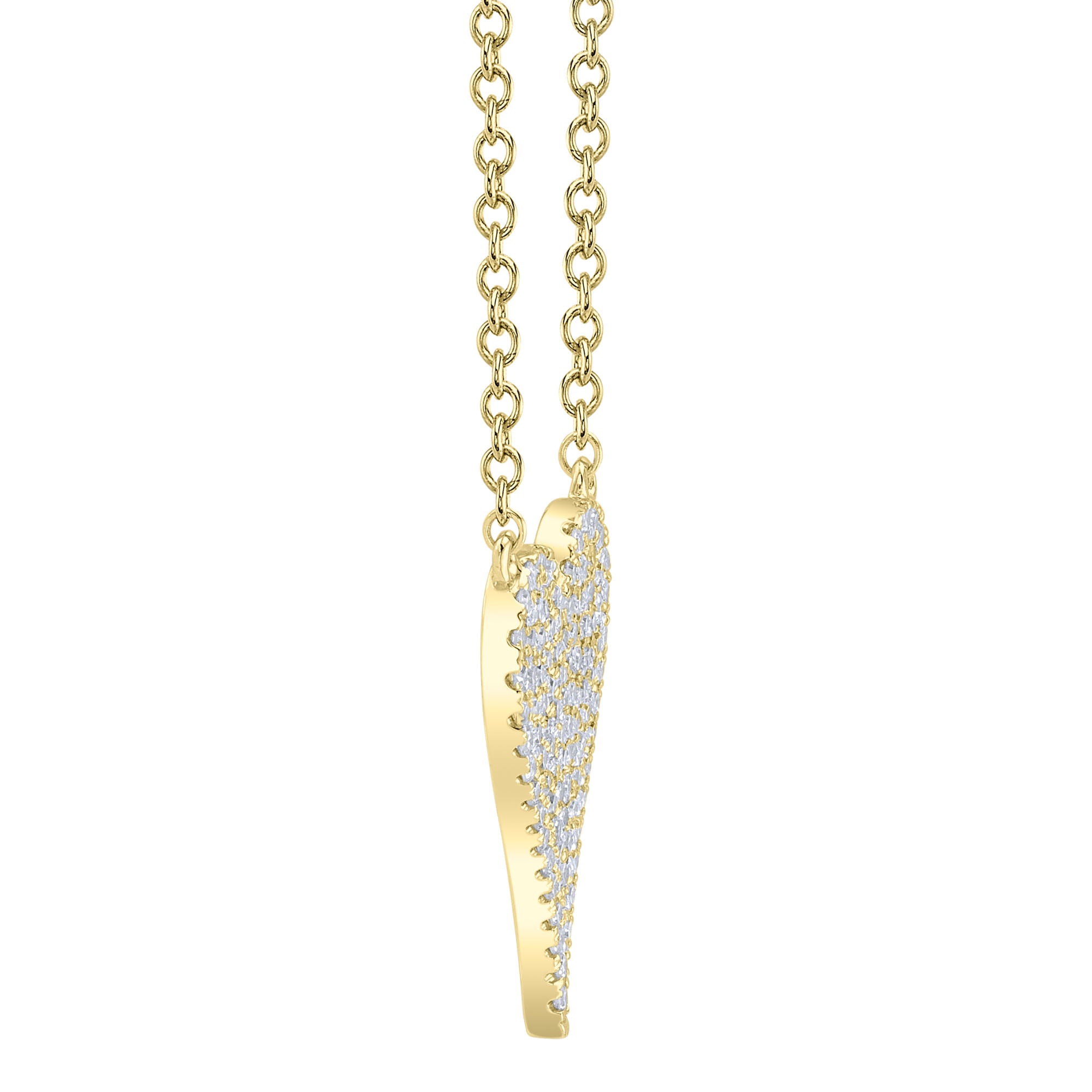 Gold necklace with a diamond heart pendant, side angle view
