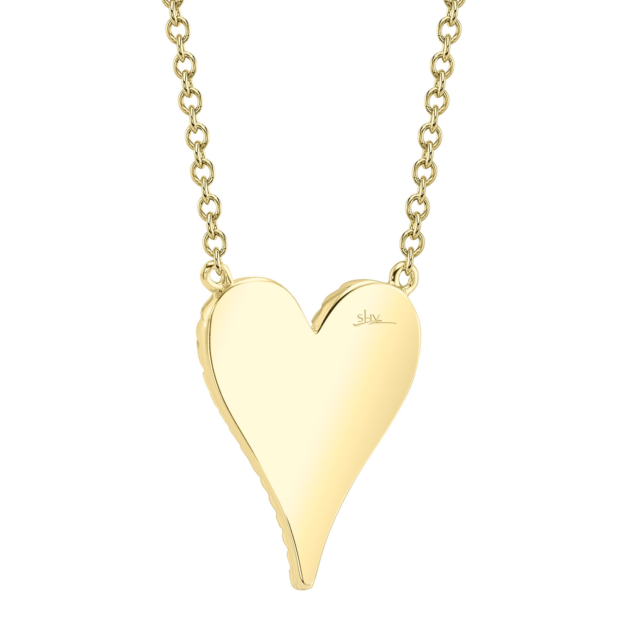 Gold heart-shaped necklace on a white background, back view