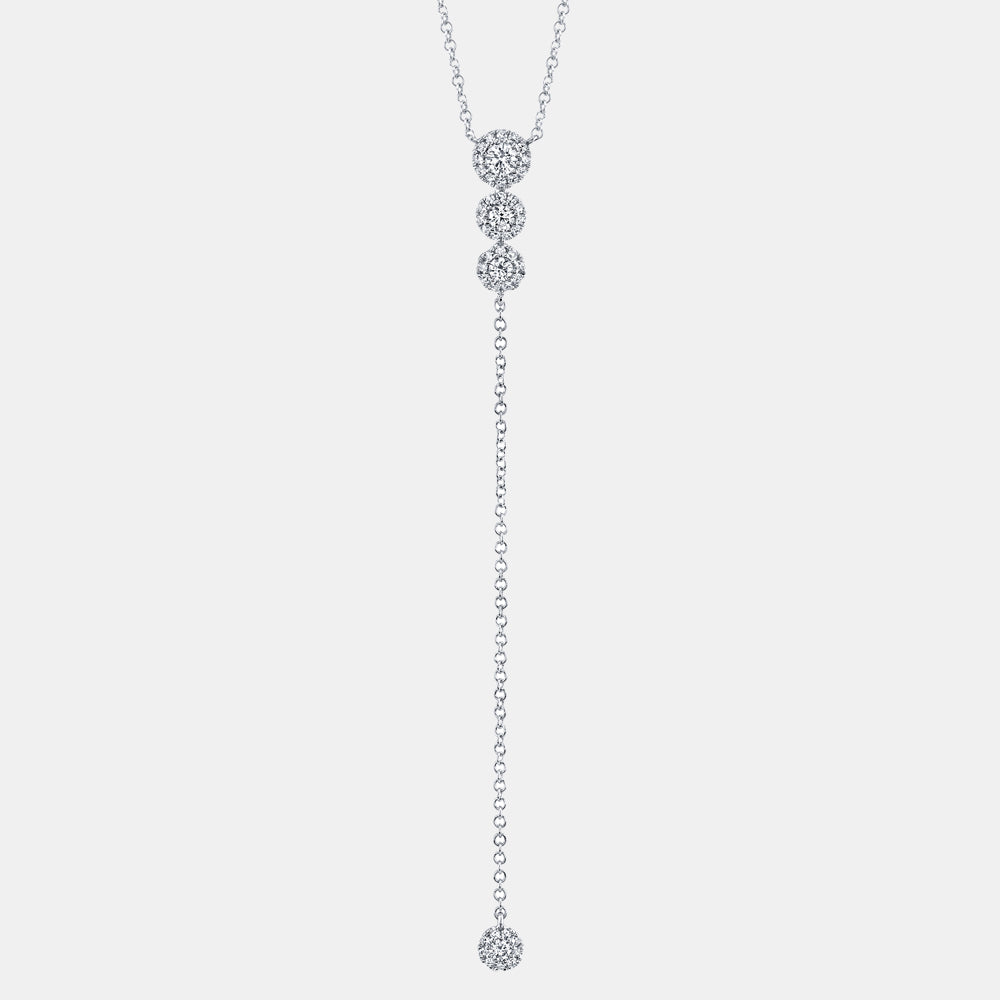 White gold diamond halo lariat necklace, front view