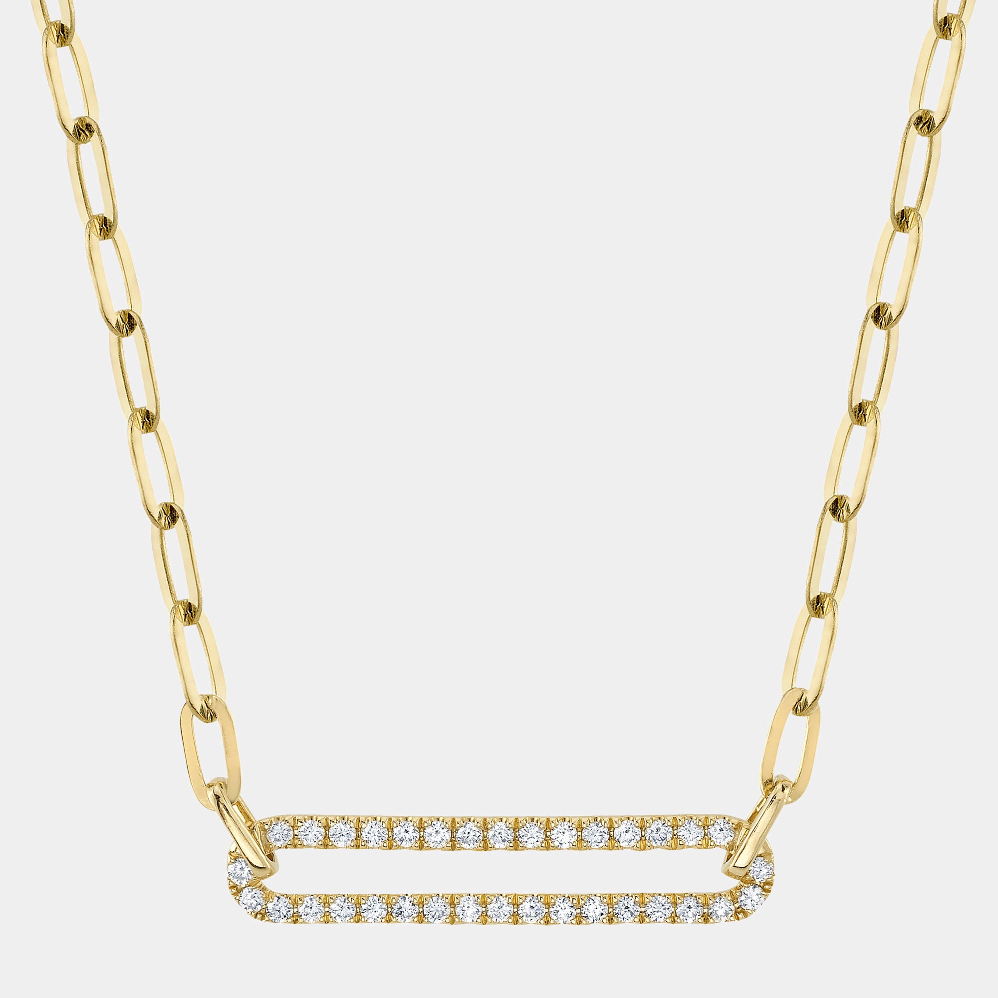 Yellow gold diamond paperclip link necklace, front view
