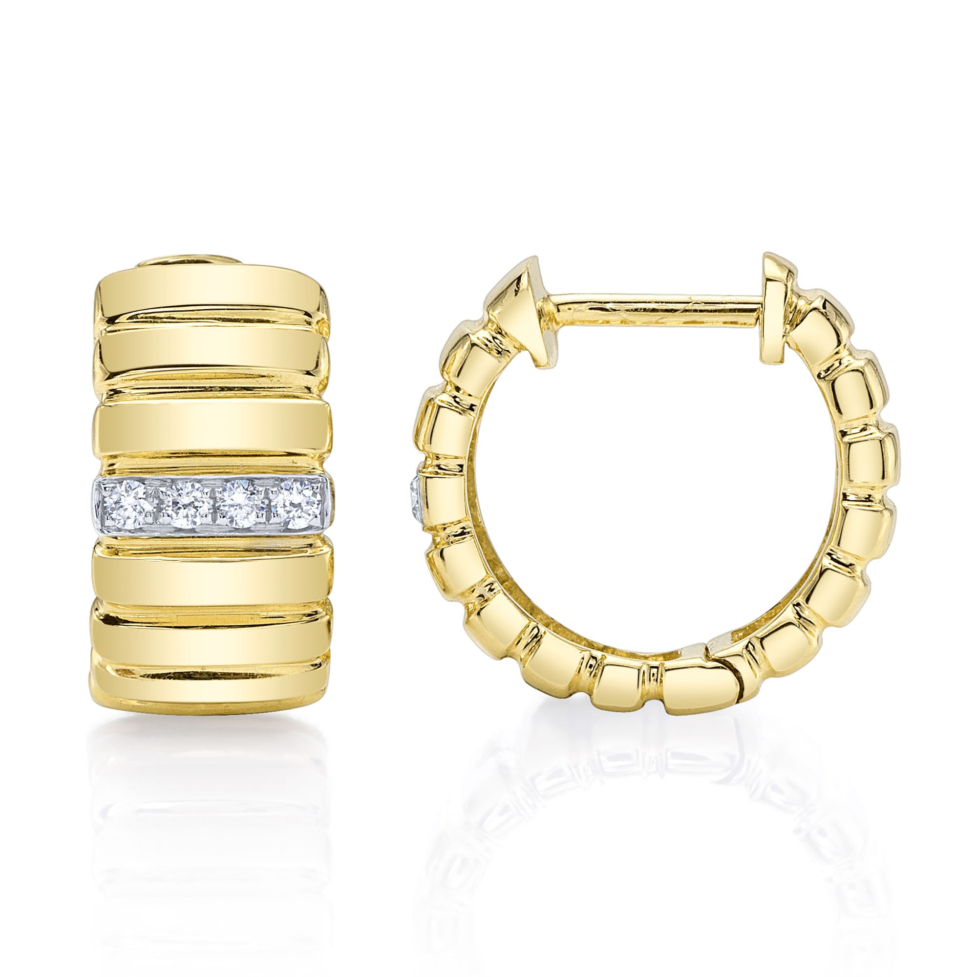 Yellow gold diamond ribbed huggie earrings
