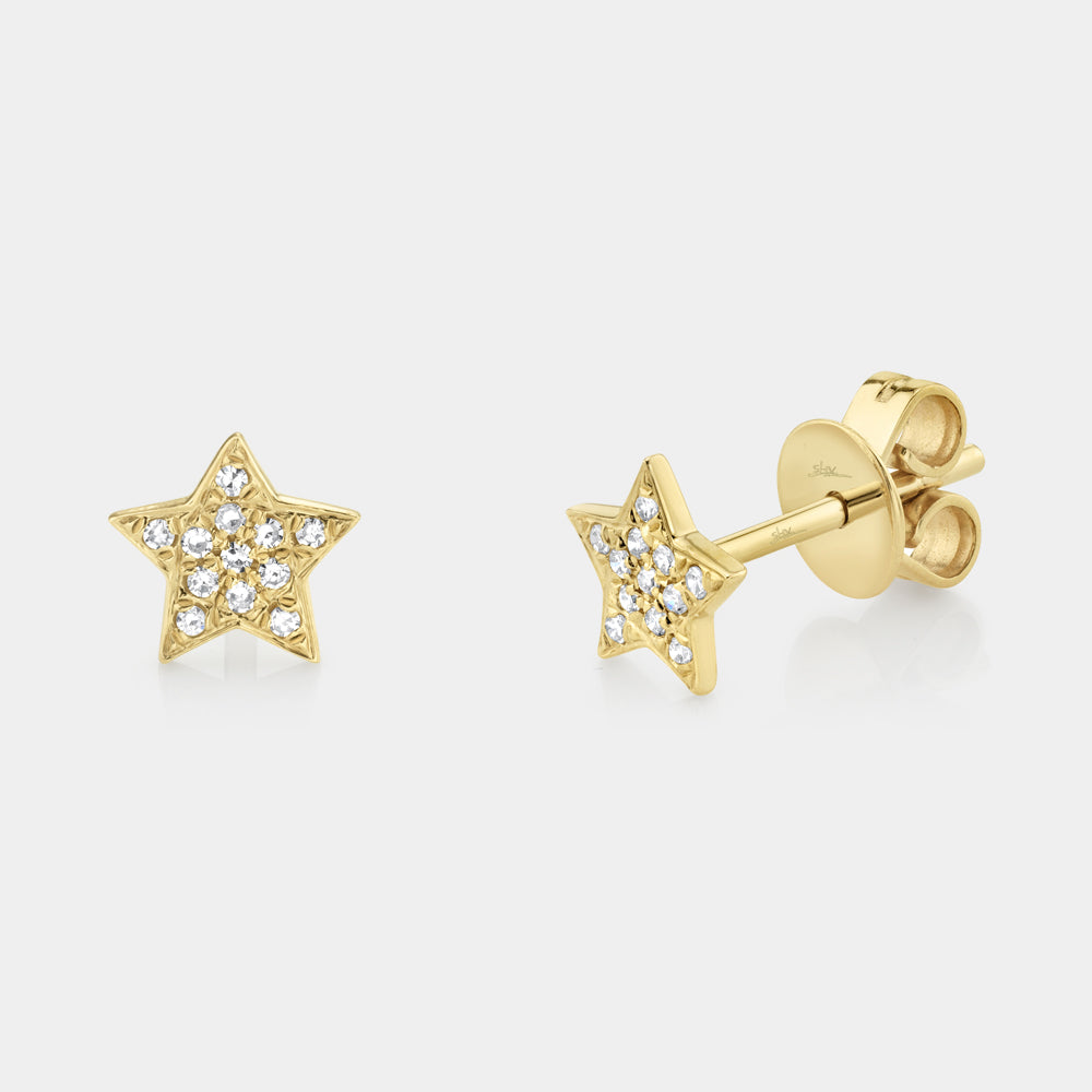 Yellow gold diamond star stud earrings, front and side angle