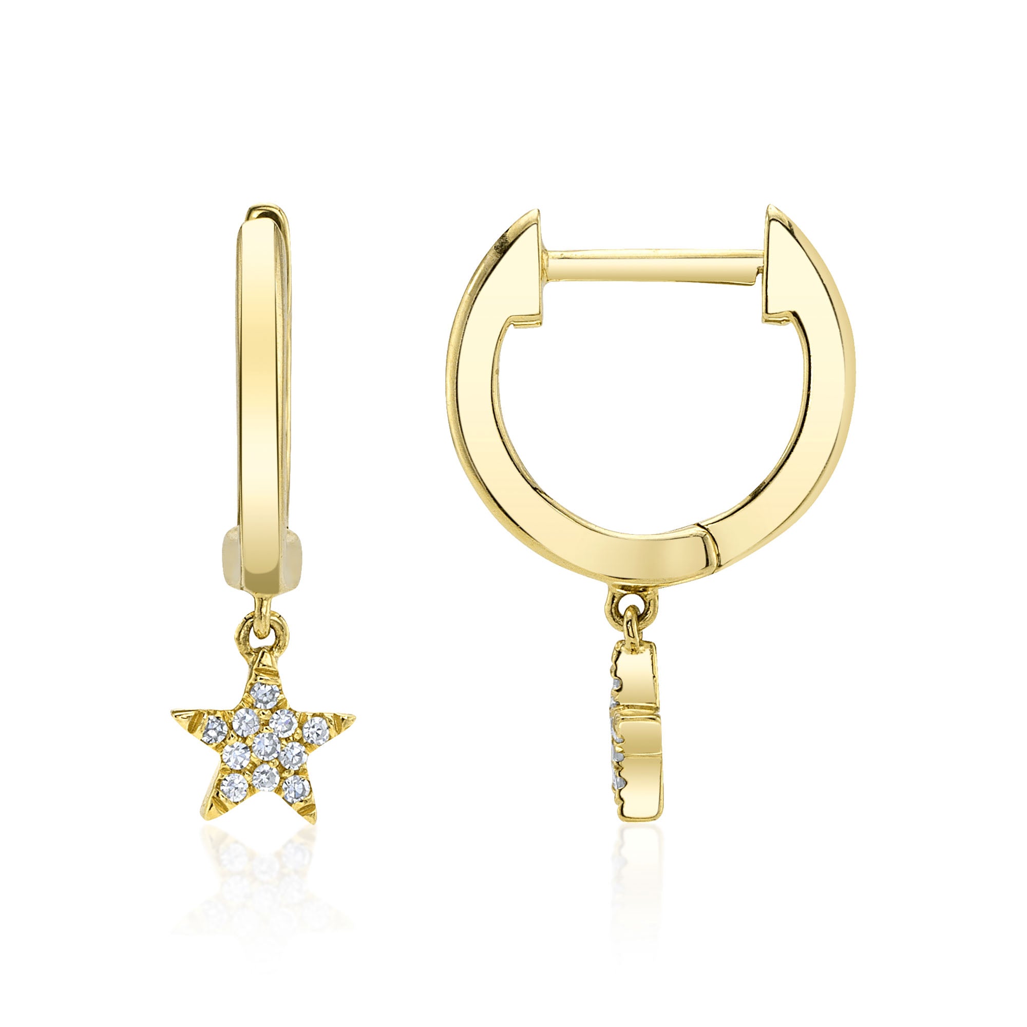 Yellow gold diamond star huggie earrings, side view