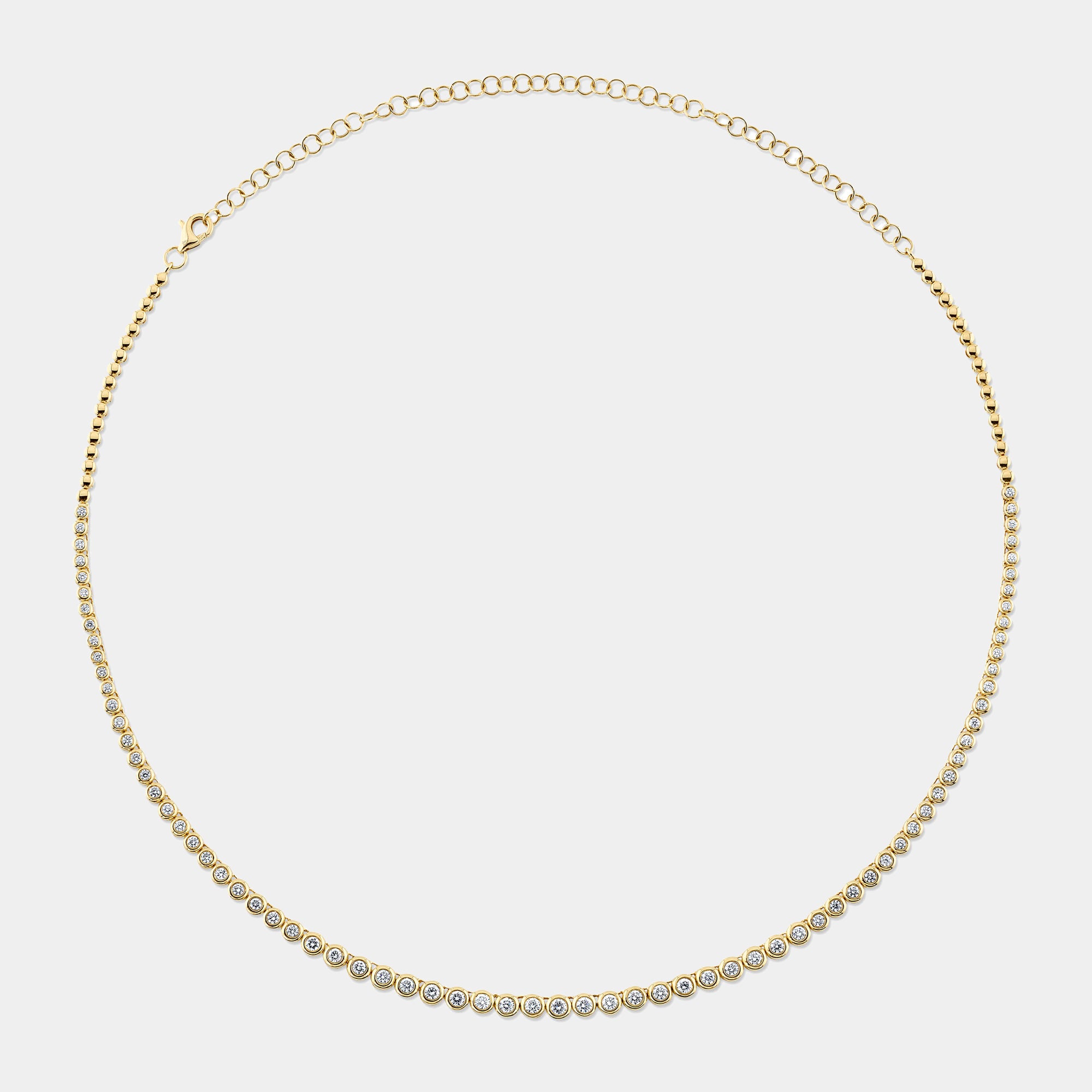 Yellow gold diamond tennis necklace, front view