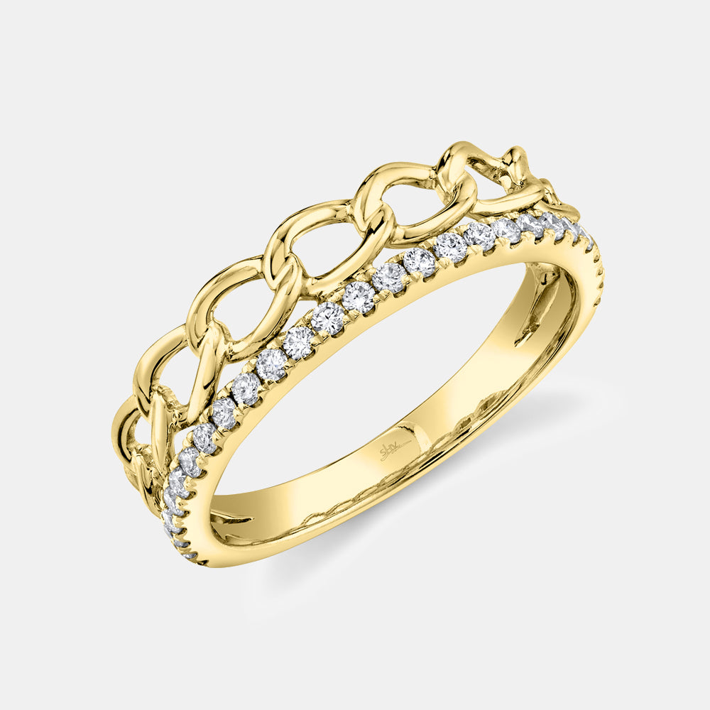 Yellow gold two row diamond link ring, top angle view