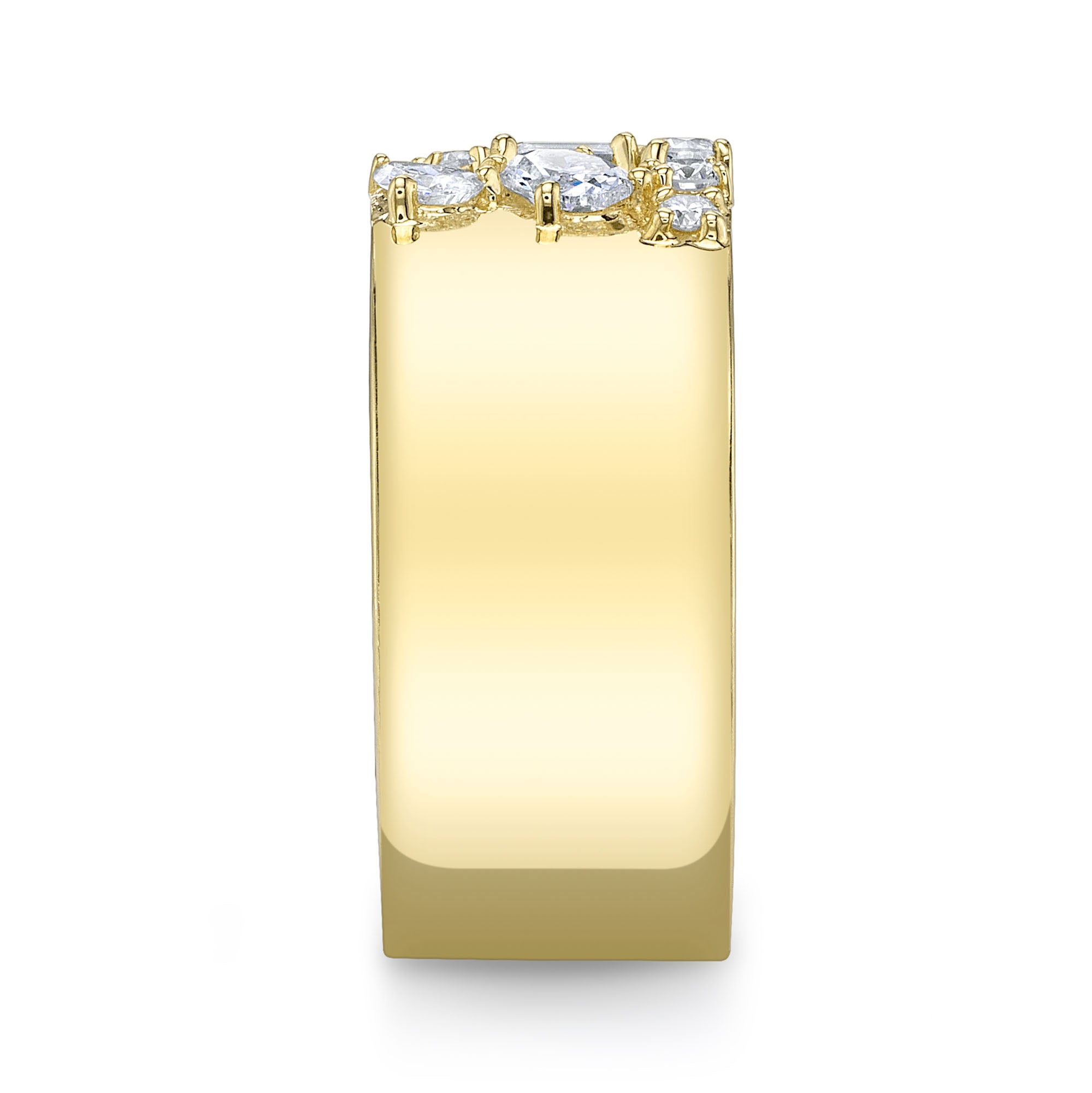 Yellow gold emerald pear and oval shaped diamond cocktail ring, side angle view