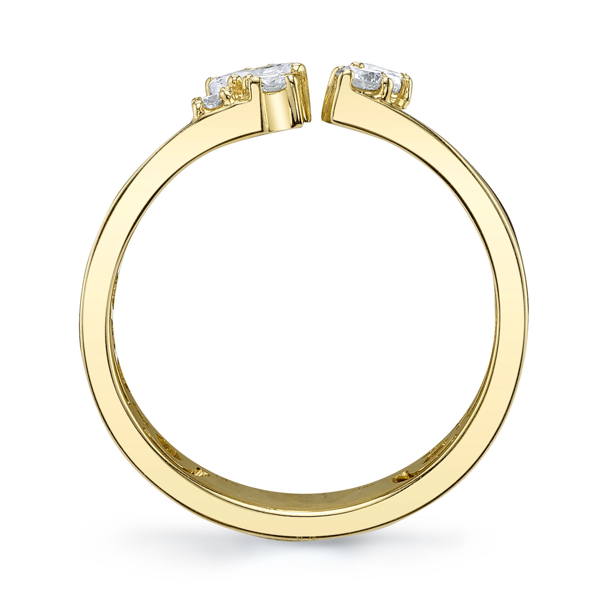 Yellow gold emerald pear and oval shaped diamond cocktail ring, side upright view