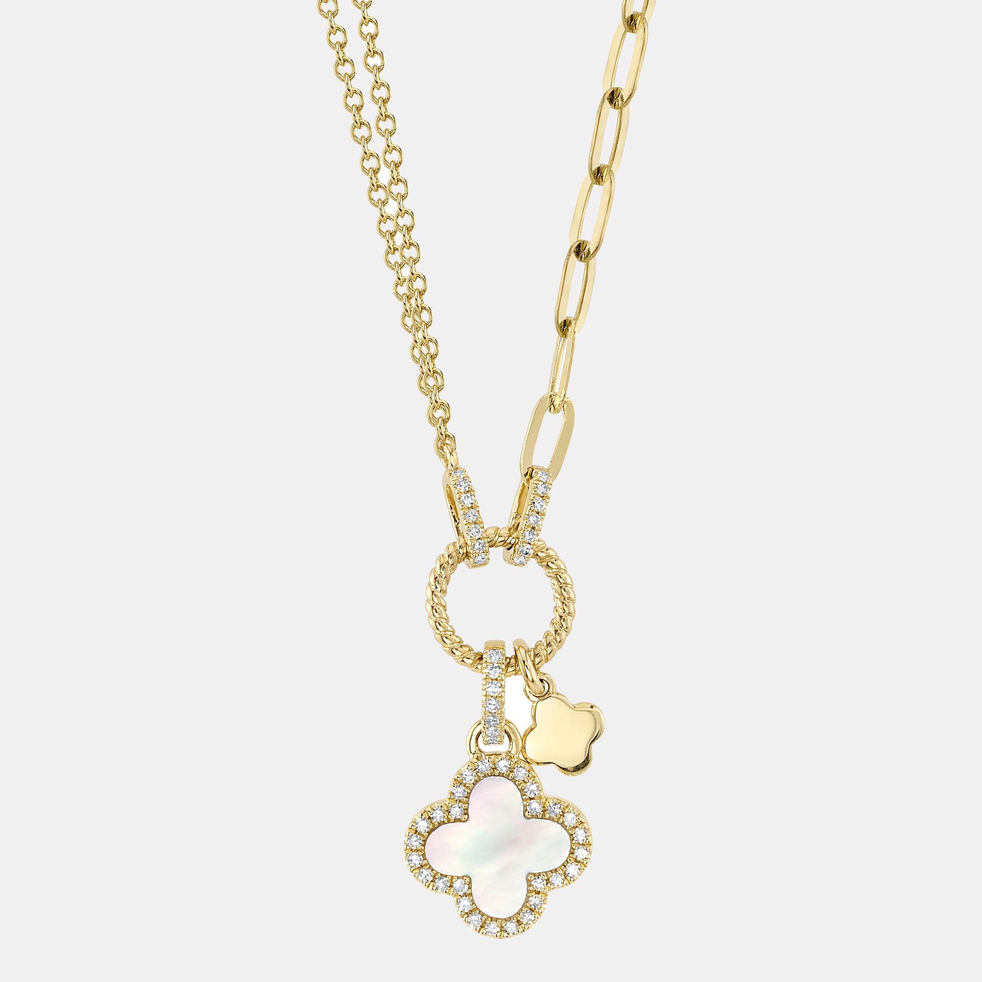 Yellow gold diamond clover necklace with white mother of pearl inlay, front view