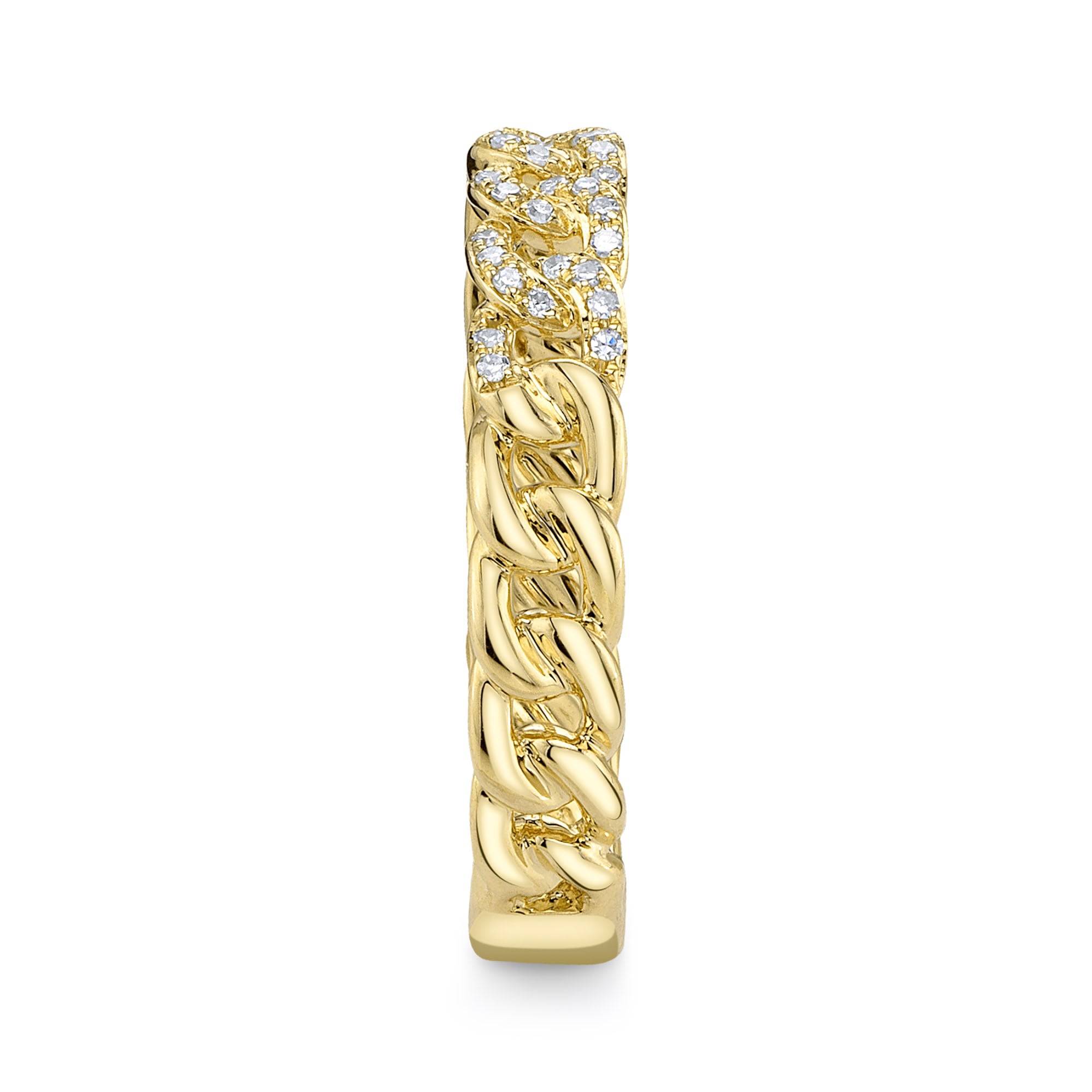 Yellow gold diamond link ring, side angle view