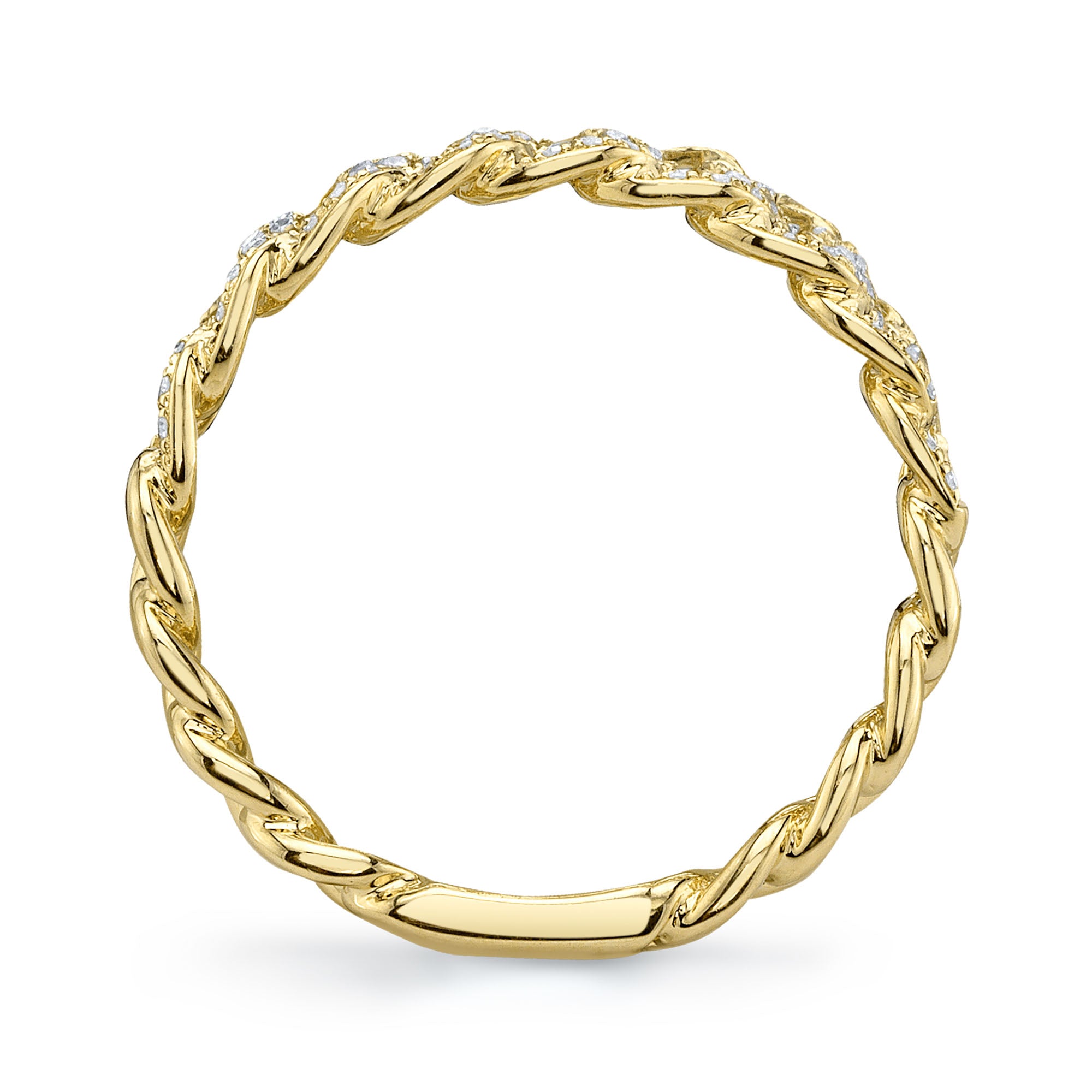 Yellow gold diamond link ring, side upright view
